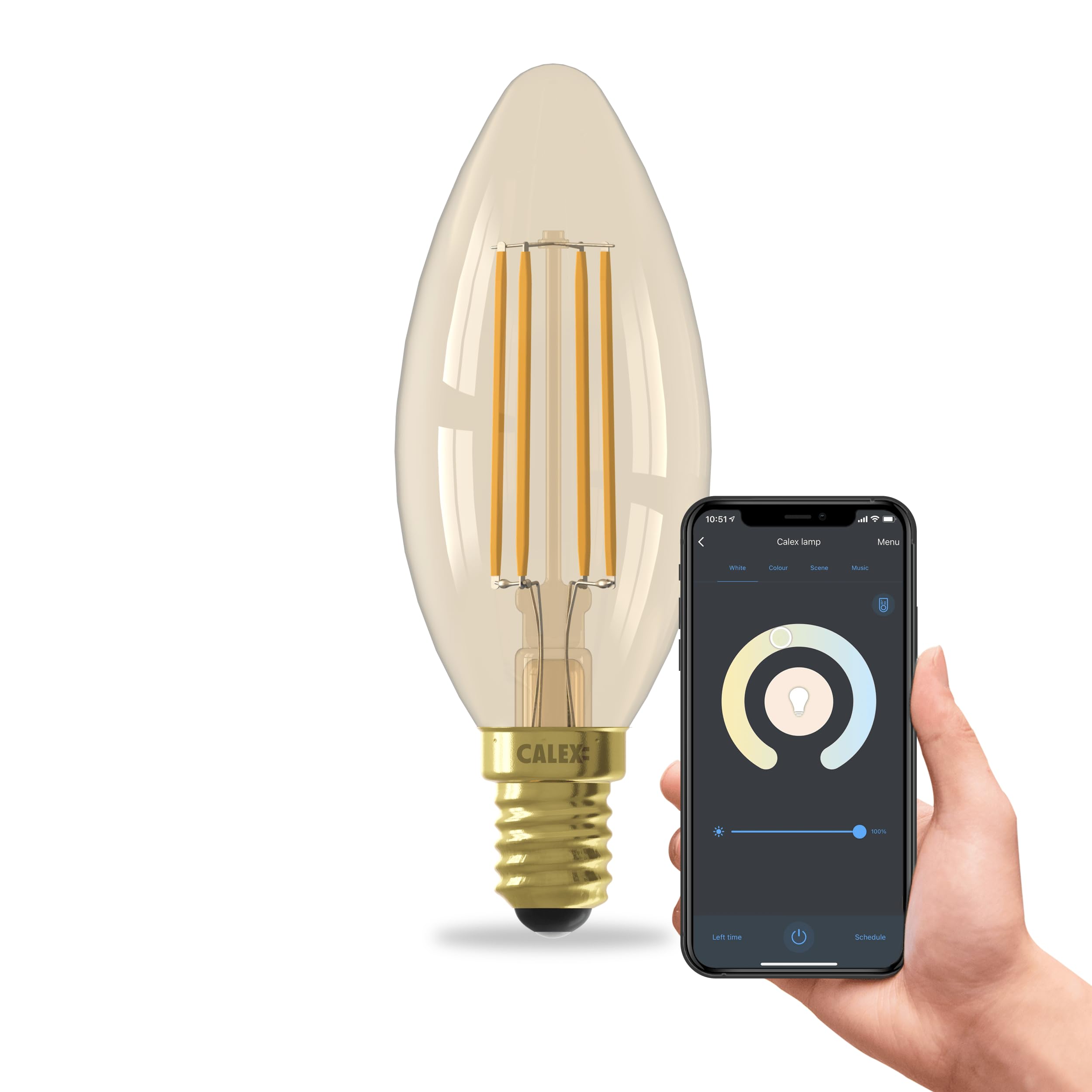 CALEX Smart LED Bulb, E14 B35, Gold Filament, Warm White Light, Dimmable, WiFi App & Voice Control