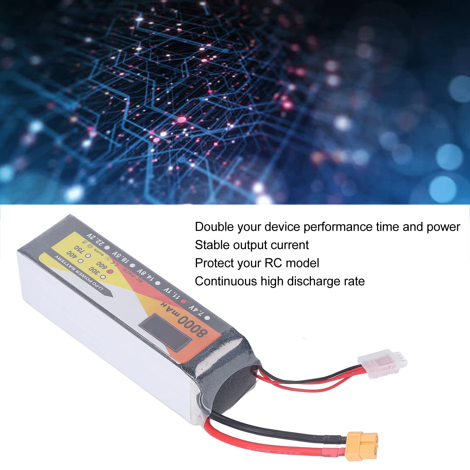Batteria Lipo da 8000 mAh con tasso di scarica 60C, 11,1 V 3S, connettore XT60, ideale per modellismo di auto e elicotteri radiocomandati.