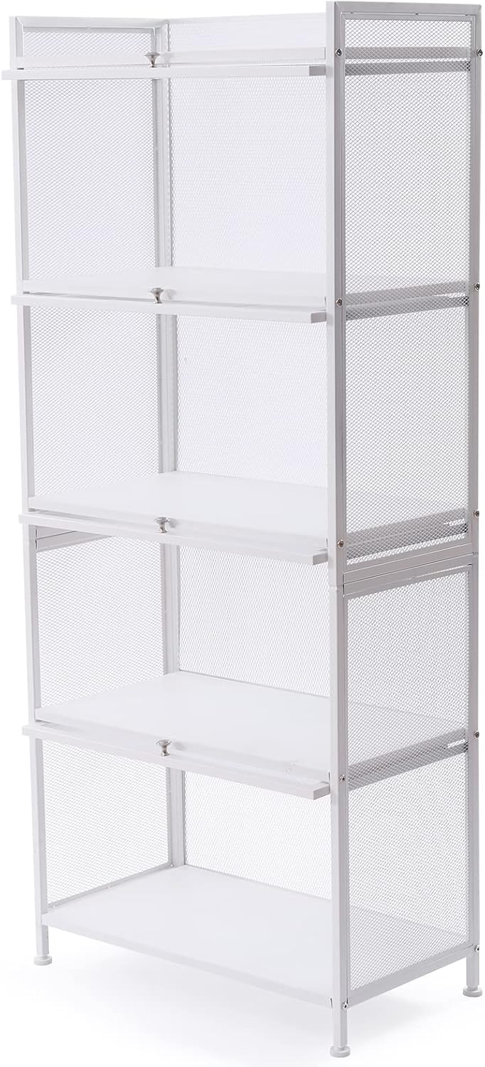 Bakers Rack With Storage, Bakers Racks For Kitchens, 4-Tier Flip-Top Kitchen Storage Shelf, With 4 Hooks, Semi-Transparent Cabinet Door, Adjustable Foot Pads (White, 4 Tier)