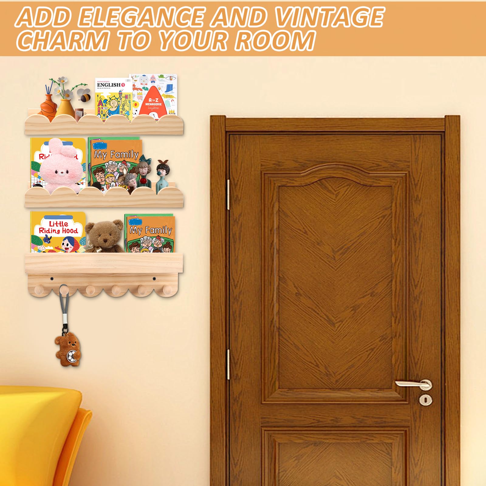 Rainmae Estantería para niños, juego de 3 unidades, 40 cm, para habitación infantil, con ganchos de madera, ideal para libros y juguetes, 100% madera