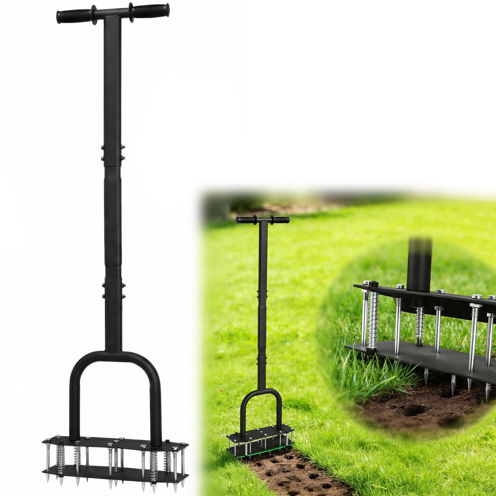 Aireador De Césped Manual,Aireador de Césped con 2 Filas Y 11 Púas De Acero,Escarificador Cesped Manual Ajustable en Altura para Cuidado del césped Patio Jardín