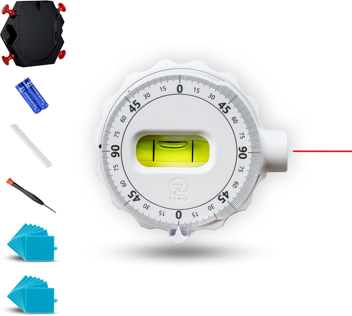 ZANIS Multi Surface Laser Level – 360° Dual Dials with Bubble Level – Wall-Mountable with Pins, Screws, or Sticky Pads – Precision Tool for Hanging Pictures, Shelves, and DIY Projects