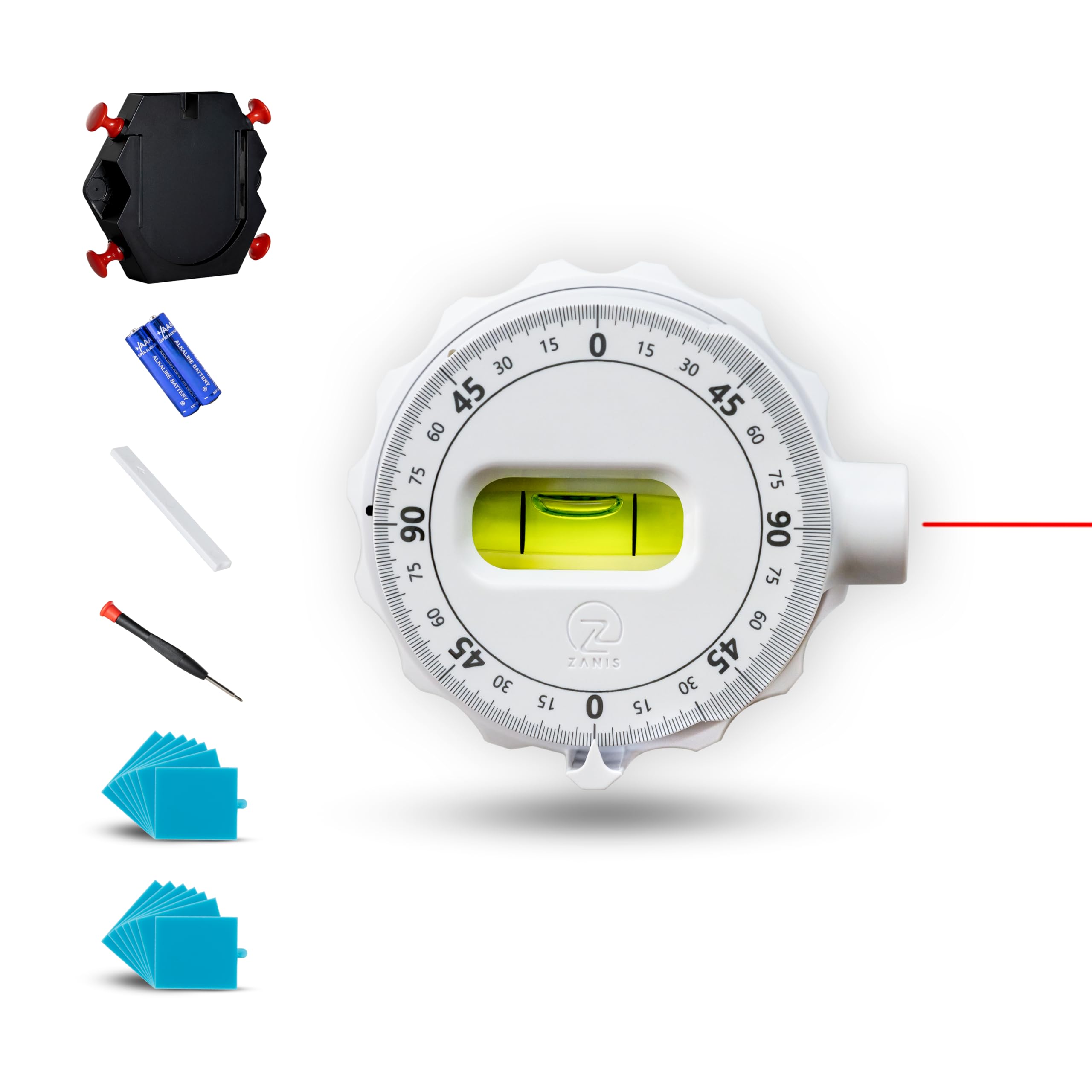 ZANIS Multi Surface Laser Level – 360° Dual Dials with Bubble Level – Wall-Mountable with Pins, Screws, or Sticky Pads – Precision Tool for Hanging Pictures, Shelves, and DIY Projects