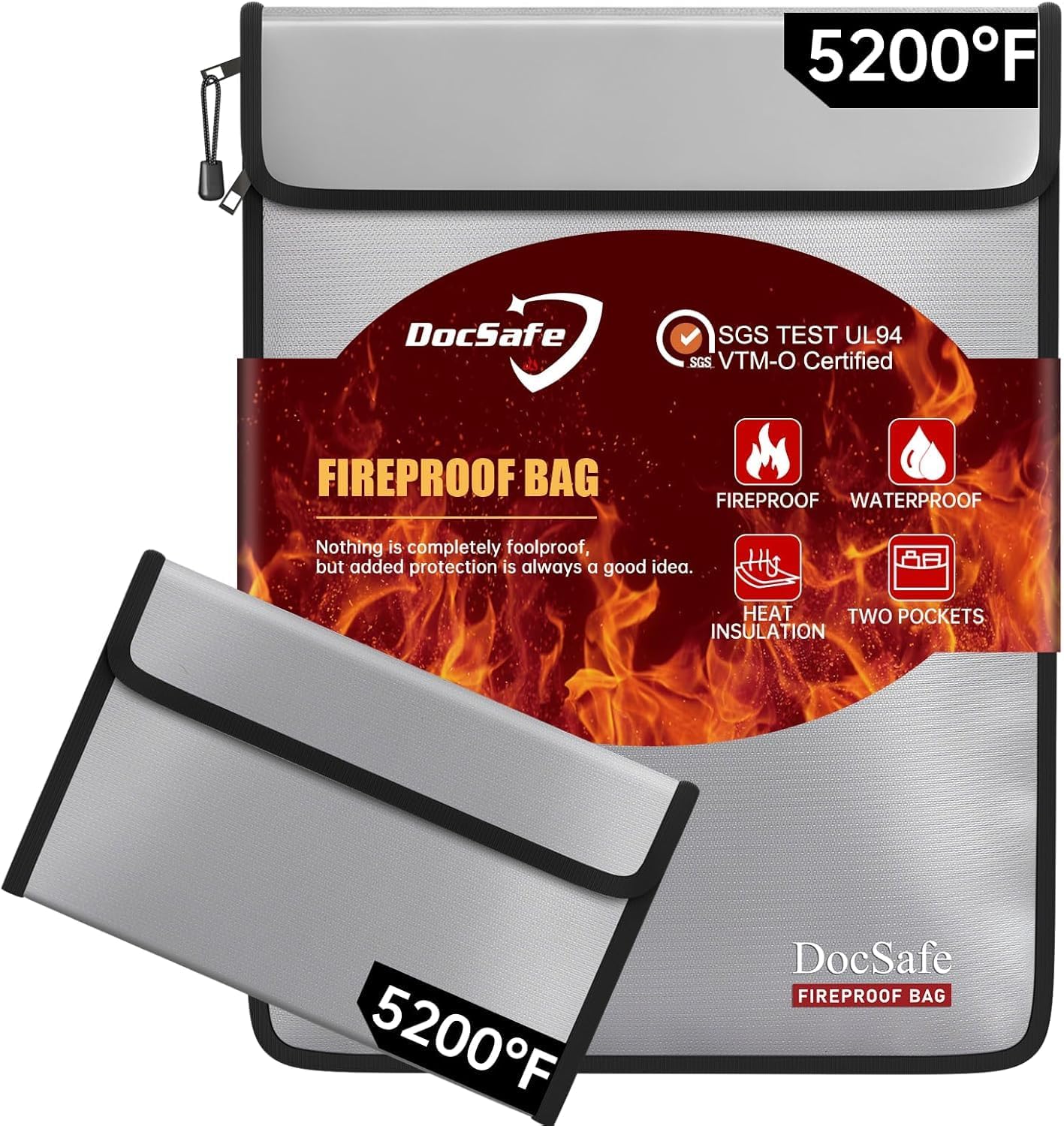 Fireproof Document Bag,15.5" x 11.5"Non-Itchy Silicone Coated Fire＆Water Resistant Safe Bag A4 Files with Zipper,Large 8 Layers Fireproof Money Bags for Jewelry,Cash&Valuables,2 Pcs,Silver