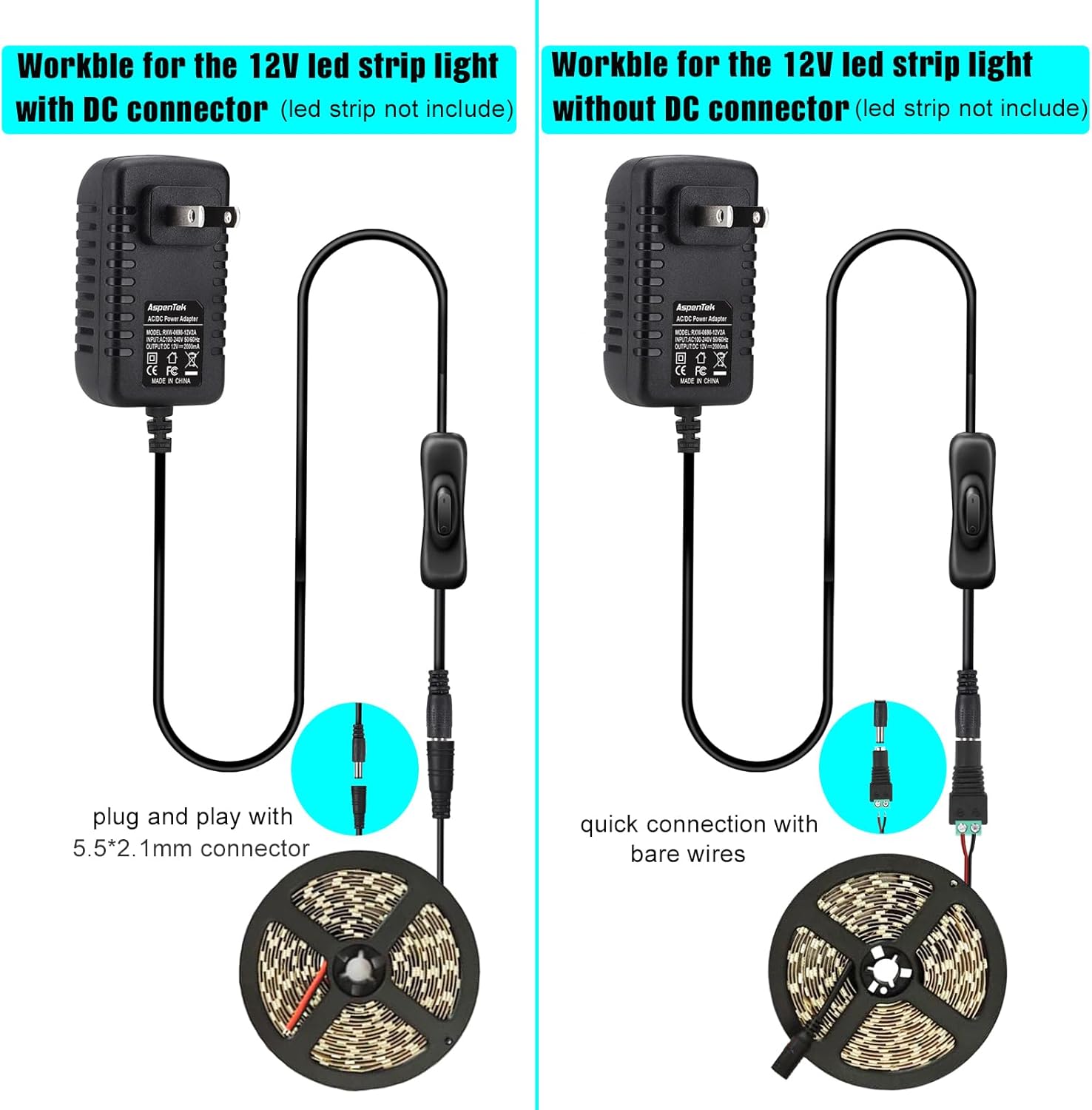 DC 12V Power Supply Adapter with Inline on Off Switch for Small Led Light Strips,Led Rigid Bars,Led Tape Lights, Under Cabinet Lighting, Output 1000mA, 12 Watt Max
