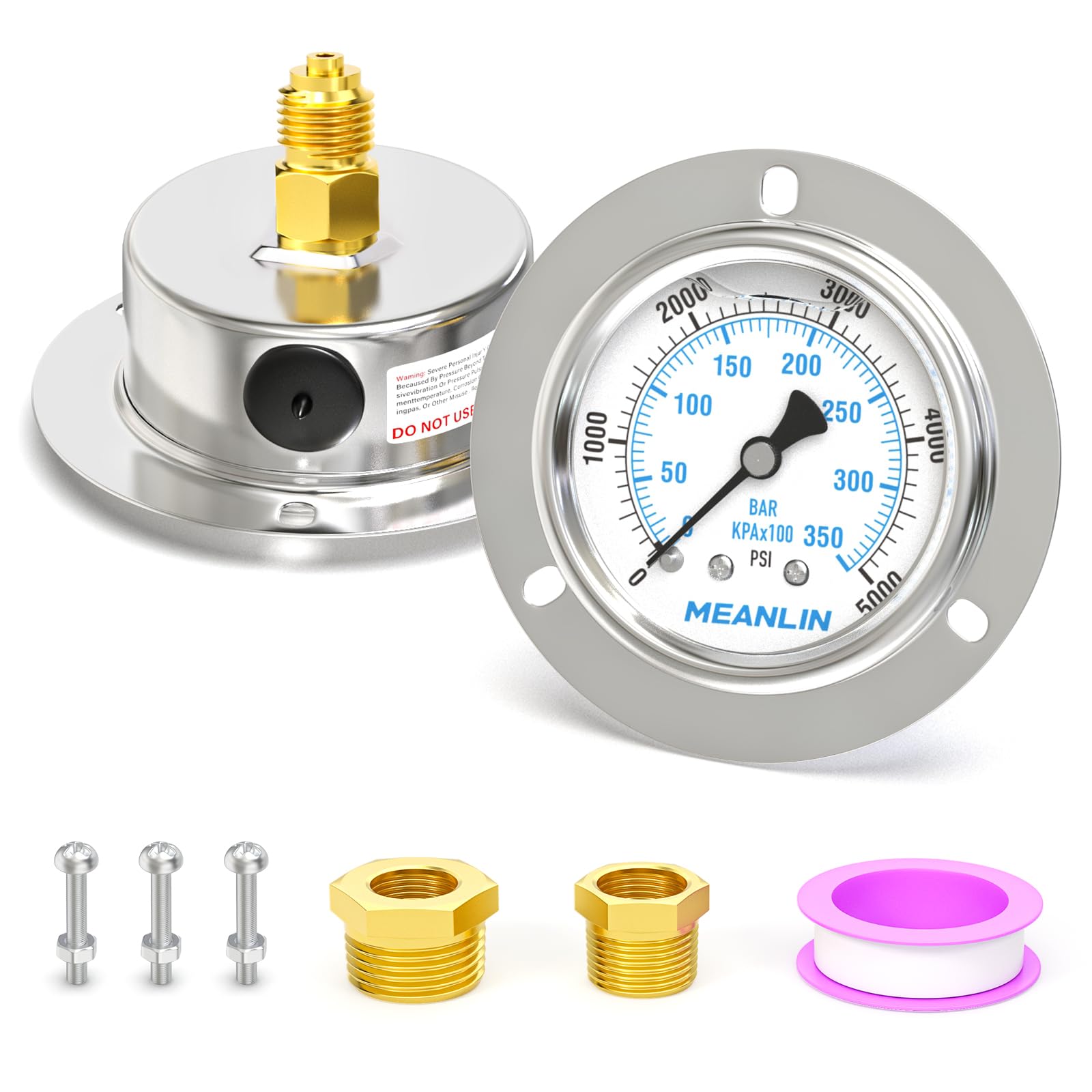 MEANLIN MEASURE 0~350BAR/0~5000PSI Manometro riempito di liquido Montaggio a pannello della flangia anteriore, 1/4" BSP 2.5"FACE DIAL Cassa in acciaio inox con vite e dado Phillips, +/-3-2-3%