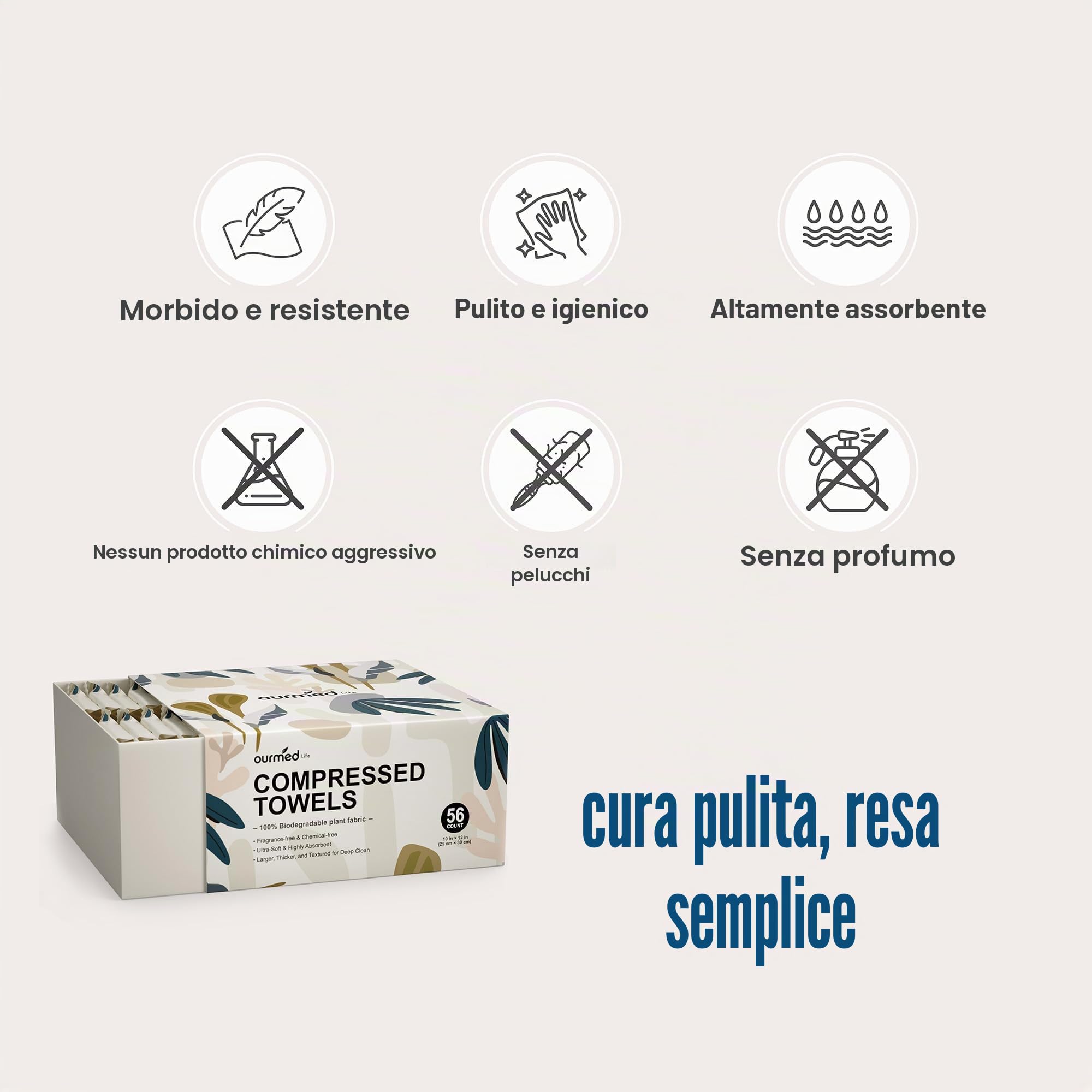 Asciugamani compressi Ourmed Life – Asciugamani monouso portatili, si espandono rapidamente con l'acqua, morbidi e privi di pelucchi, 30 x 25 cm, ideali per viaggi, campeggio, trekking (56 pezzi)