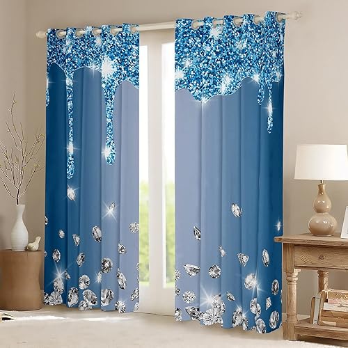 Miniatura 2 de (2 paneles, 38 x 45 pulgadas con estampado de purpurina (sin purpurina) con diamantes para oscurecer las cortinas azules y plateadas brillantes para