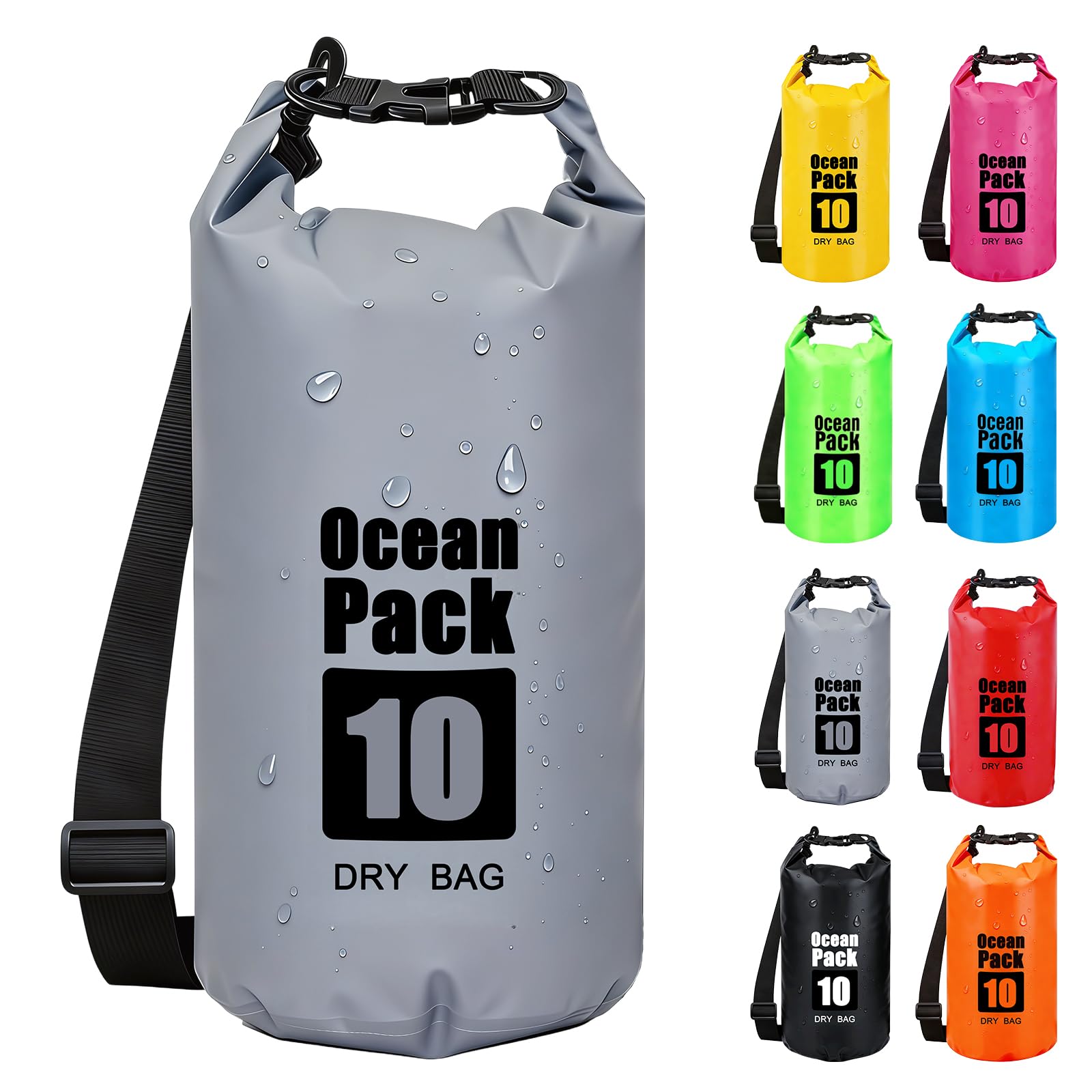 RONGZUBAT 10L Waterproof Dry Bag with Shoulder Strap, Roll Top Dry Sack for Towels and Clothes, Waterproof Bag for Kayaking, Paddle Boarding, Boating, Beach, Camping and Travel - Grey