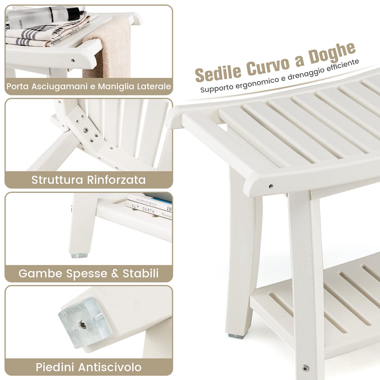 COSTWAY Sgabello da Doccia, Sgabello da Bagno Impermeabile con Sedile Curvo, con Portasciugamani e Piedini Antiscivoli, Panca Versatile con Ripiano, 60,5 x 34 x 48 cm (Bianco)