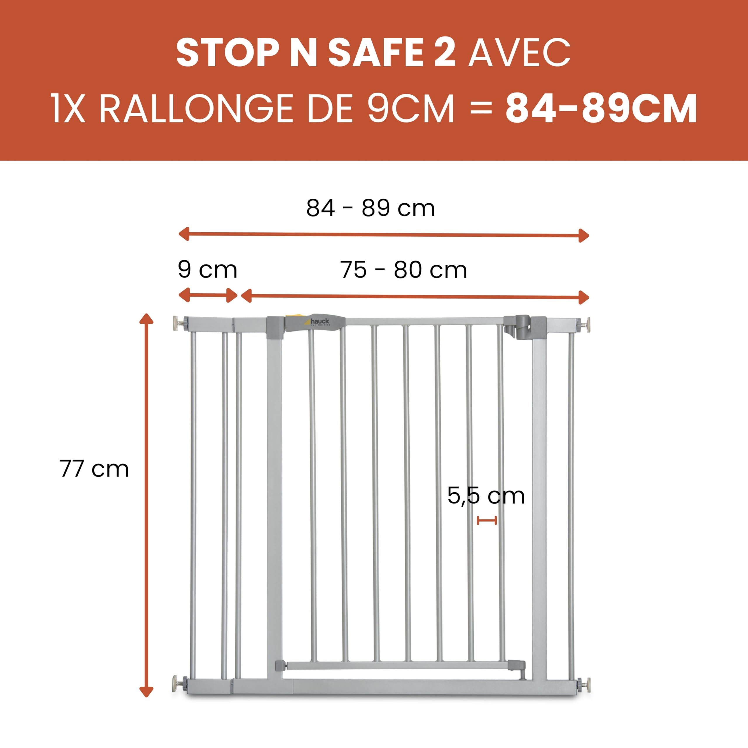 hauck Barriere de Securite Enfant Porte et Escalier et Barriere Chien Stop N Safe 2 incl. Extension de 9 cm, pour Largeur de 84 à 89 cm, Sans Percage - Usage Intérieur, Métal Gris