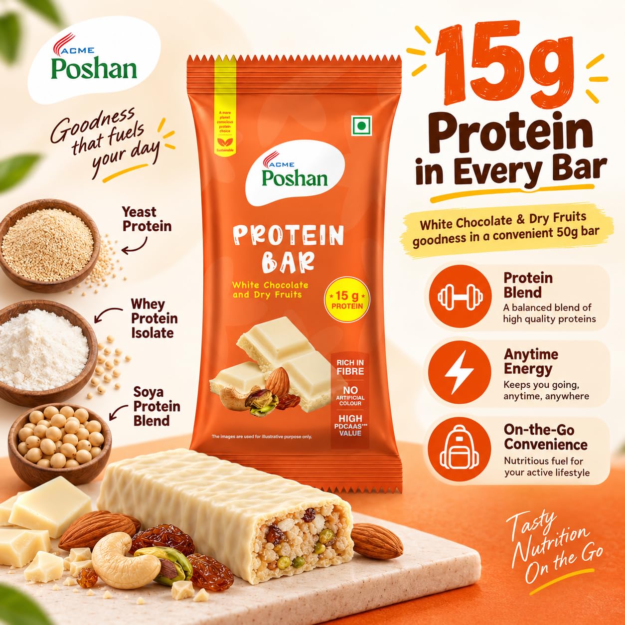 ACME Poshan Protein Bar Variety Pack, White Chocolate & Dates and Almonds, No Artificial Colour, Rich in Fibre, High Protein Snack Bars, Pack of 12 (50g each) — Amazon image 2