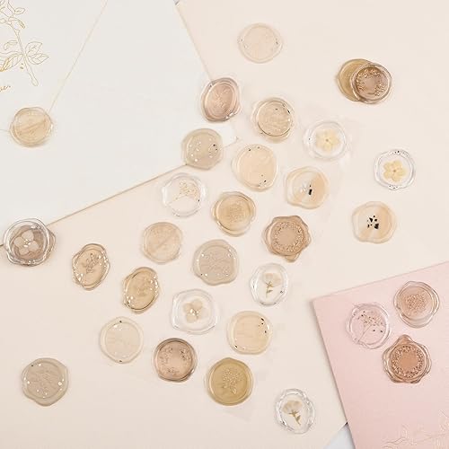 Miniatura 6 de URROMA Calcomanías de sello de cera ámbar transparente, 54 piezas de sellos de sobres con temática floral, calcomanías adhesivas para Navidad,
