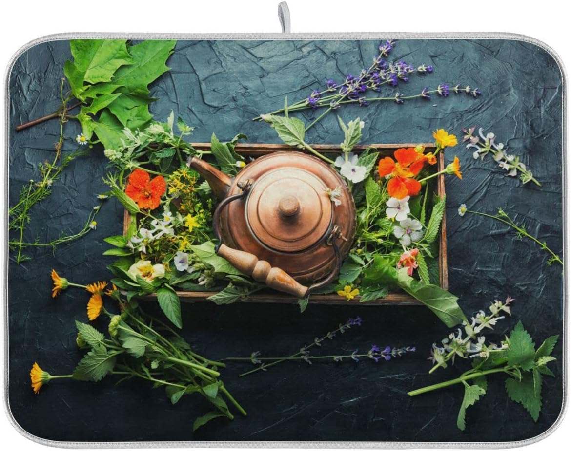 Healing Herbs Set Kitchen Dish Drying Mat Absorbent Water Dinnerware Protective Pad Double-sided Use Dishes Rack Mat 18×24 inch Natural Herbs Medicine