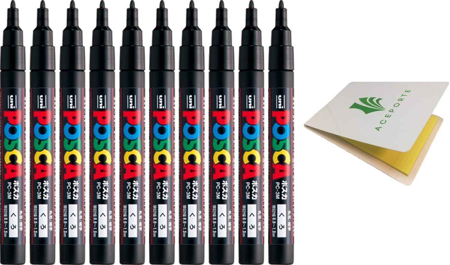 Uni POSCA Paint Marker Pen, 10 Black Pen Set (PC3M.24) - Fine Point - Odorless Water Resistant Pen Maker, with Original Sticky Notes
