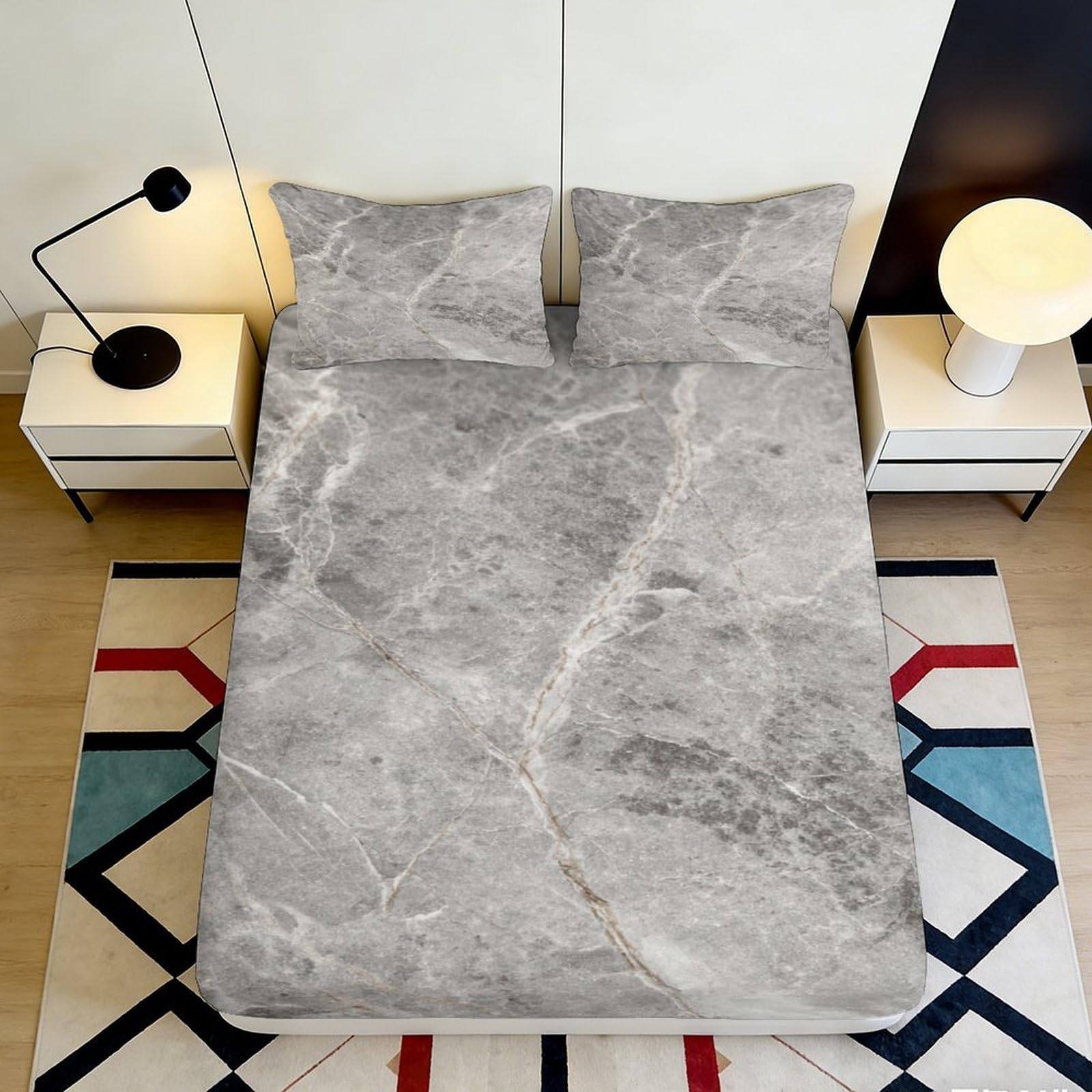 3D Printed Grey Marble Fitted Sheet Microfiber Soft Breathable Stone Texture Bed Cover for Bedroom Dormitory Guest Room Mattress Protection Decor 180x200x25cm