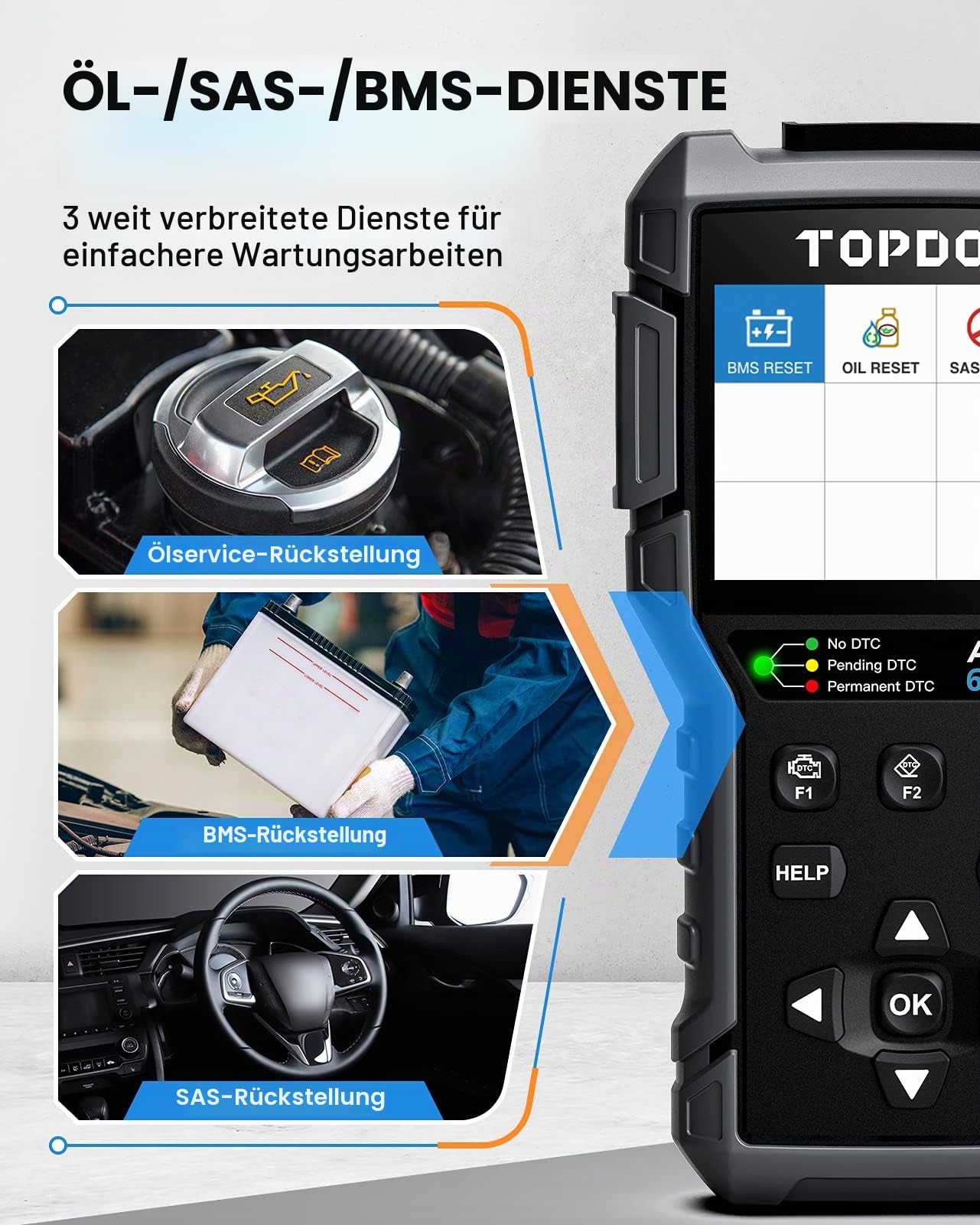 TOPDON OBD2 diagnosegerät mit Reset von Öl, BMS, SAS, diagnosegerät Auto für alle Fahrzeuge für ABS und SRS Systemdiagnose, Aktivtest,Lebenslange kostenlose UpdateM Batteriebetrieben, Schwarz