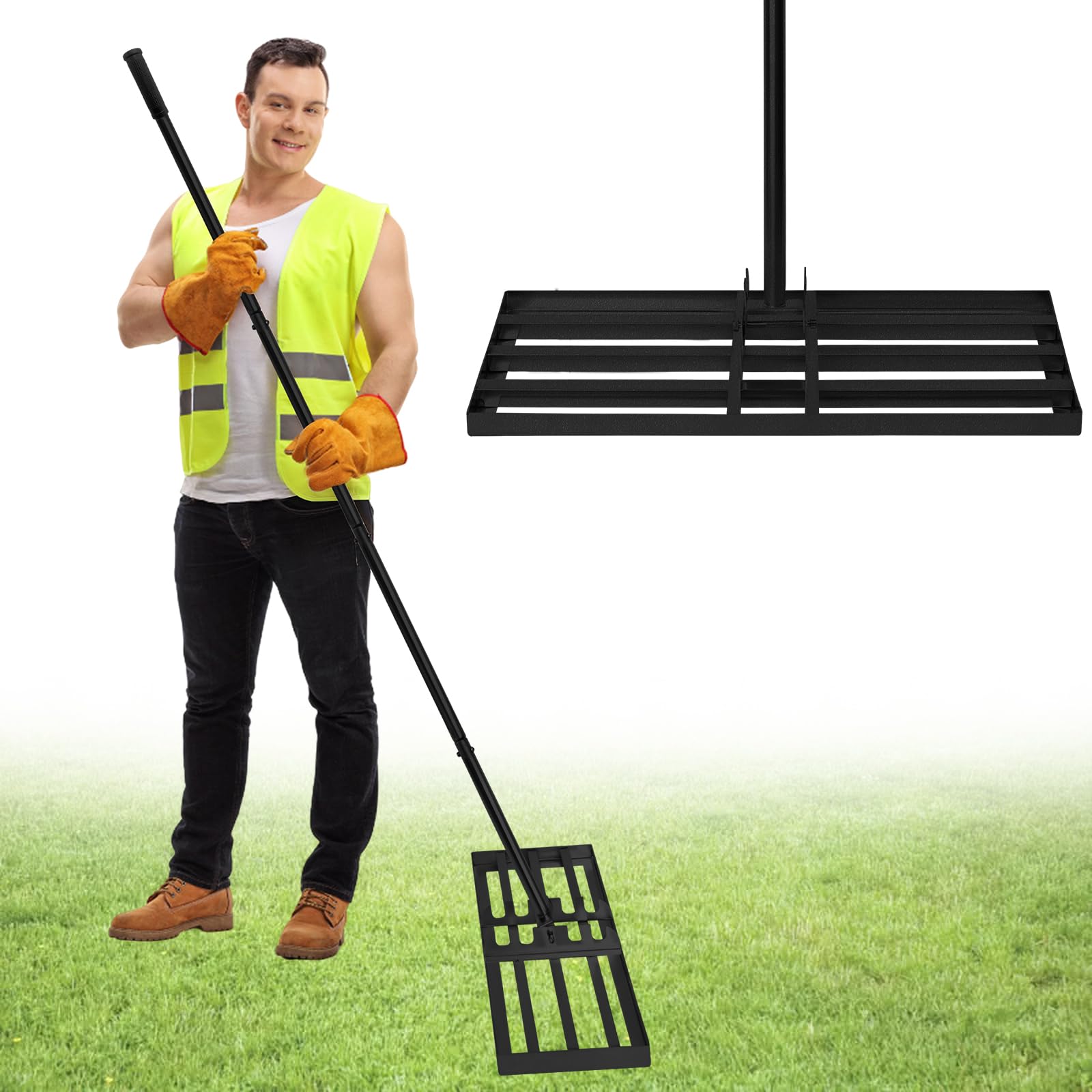 UISEBRT Rasqueta de metal 3 en 1 de 25 x 75 cm, rastrillo de jardín multifunción con mango – Rasqueta para nivelación de césped, arena para jardín, patio, golf, color negro