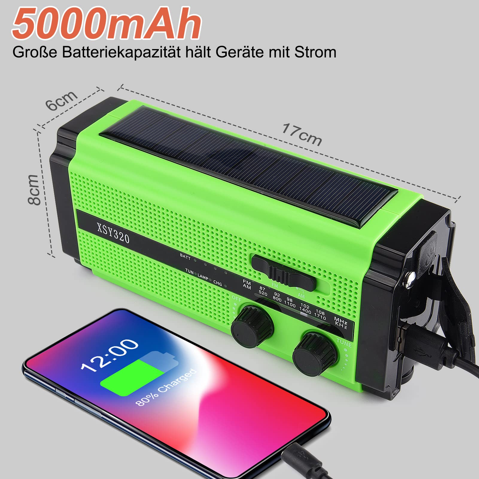 YIKANWEN Radio Solar Portátil, Radio Am/FM con Manivela y Batería Recargable 5000mAh, Linterna LED, Luz de Lectura y Alarma SOS para Camping y Exteriores (Verde)