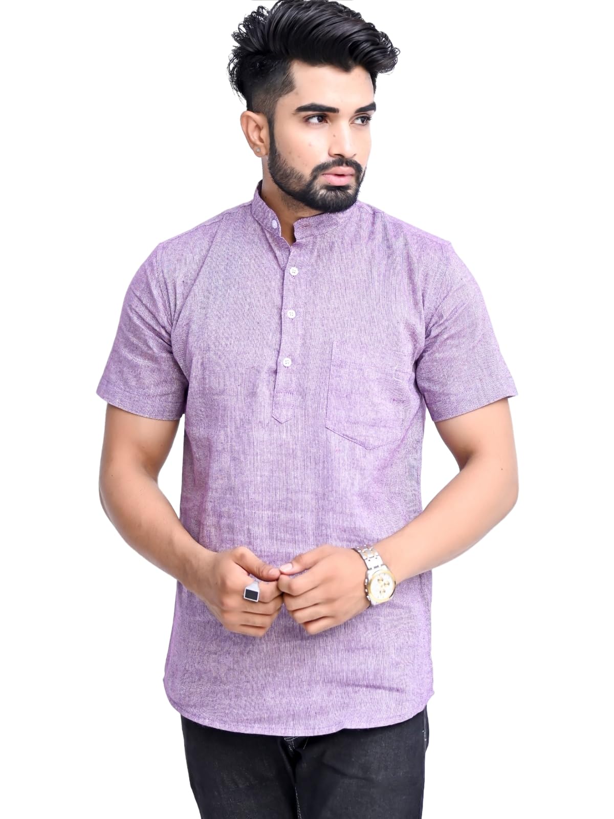 Men's Handloom South Cotton Regular Fit Solid Short Kurta-image-29