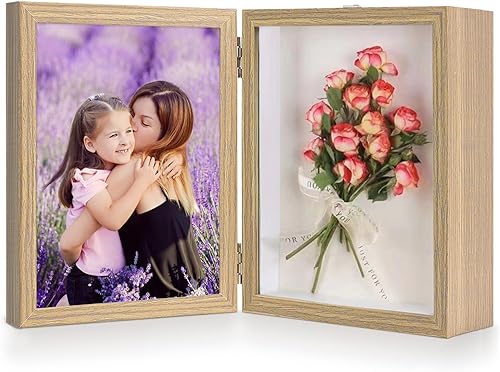 ZEEYUAN Marco de fotos de 4 x 6 pulgadas, doble marco con bisagras y vitrina de sombra, marco de fotos plegable de 4 x 6 pulgadas, rústico con