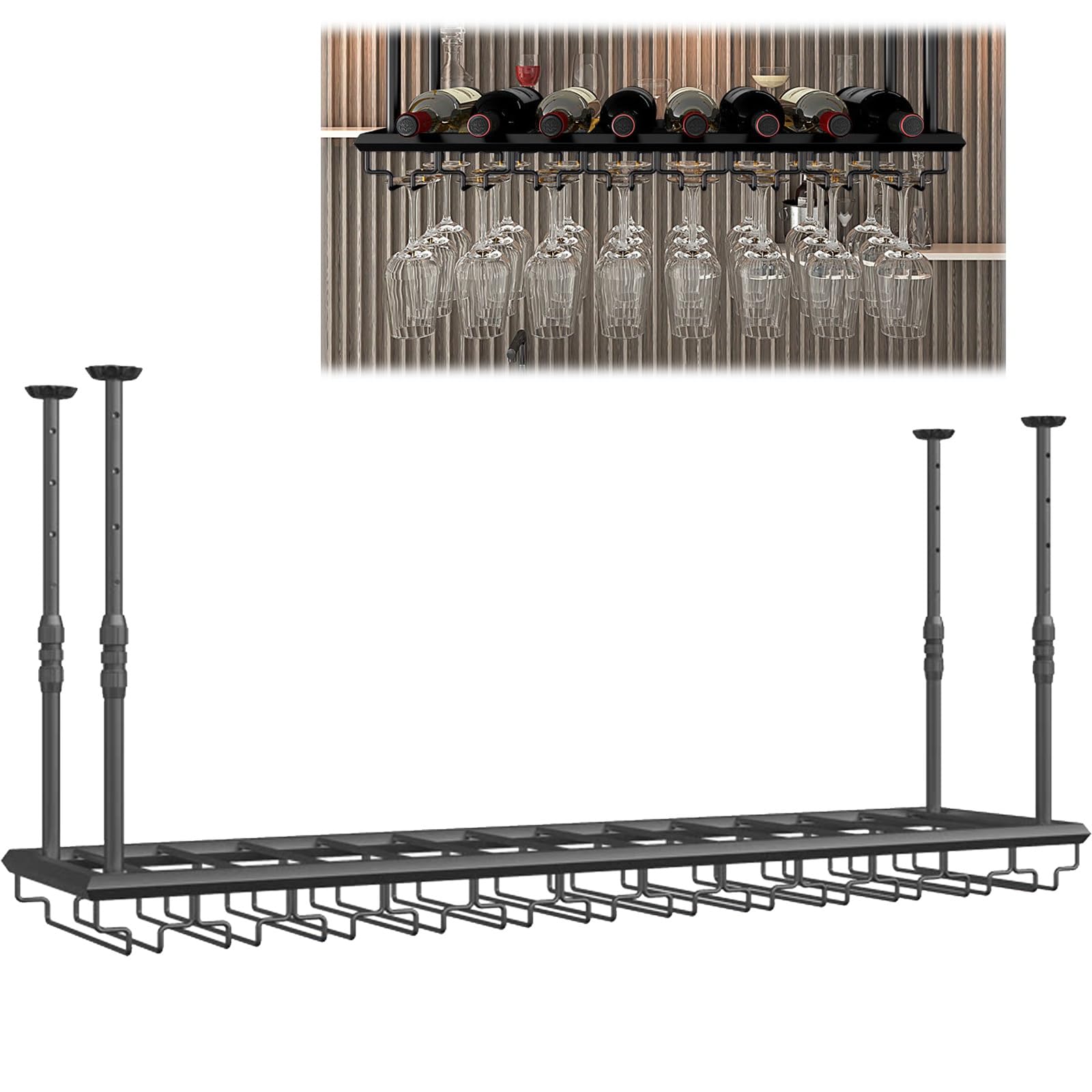 ASYJVWYZ Hanging Wine Rack With Stemware Glass Holder, Industrial Ceiling-Mounted Wine Bottle Organizer, Adjustable Bar Storage Shelf(Style A,120x30cm/47x12in)