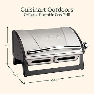 Cuisinart Grillster Portable Gas Grill, Stainless Steel Compact BBQ Grill with Locking Lid for Easy Transport, 8000 BTU Propane Grill with Dishwasher Safe Cooking Grate, Small Grill for Camping & BBQ