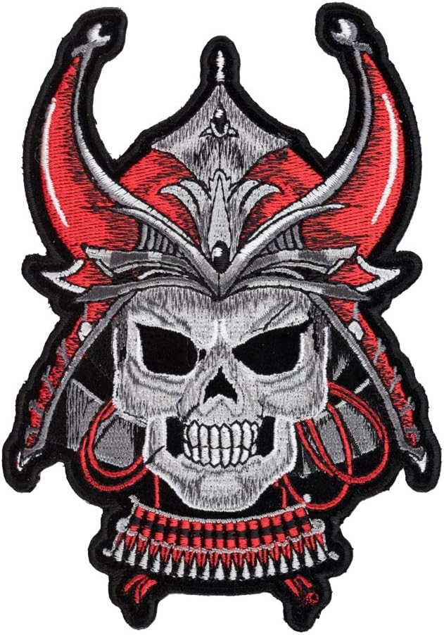 PatchStop Samurai Skull Red Gray Iron On Patches for Clothing Jeans - 9x13in X-Large DIY Sew On Back Patch for Jackets Bags - Embroidered Decorative Skull Patches