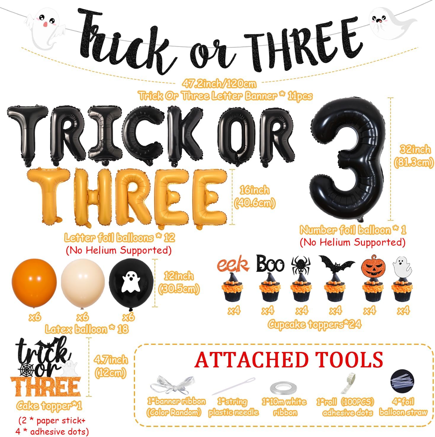 Trick or Three Theme Halloween 3rd Birthday Party Decorations Number 3 Trick or Three Foil Balloons Banner Garland Orange Black Cake and Cupcake Toppers for Halloween 3rd Birthday Party Decor Supplies
