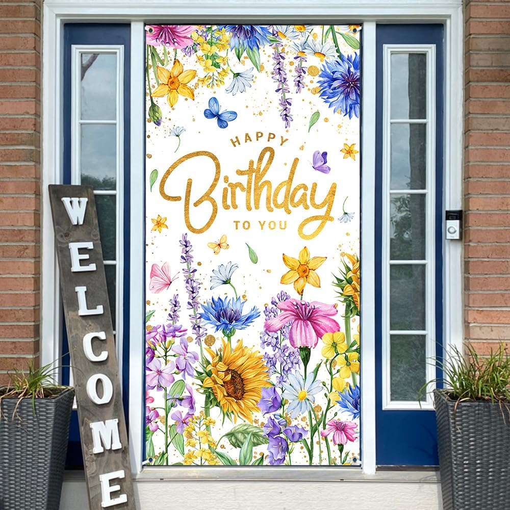 Happy Birthday Door Cover 72x35 Inch, Watercolor Floral Sunflowers and Butterflies Background, Spring Garden Theme Party Decoration, Polyester Front Door Banner Photo Booth Props