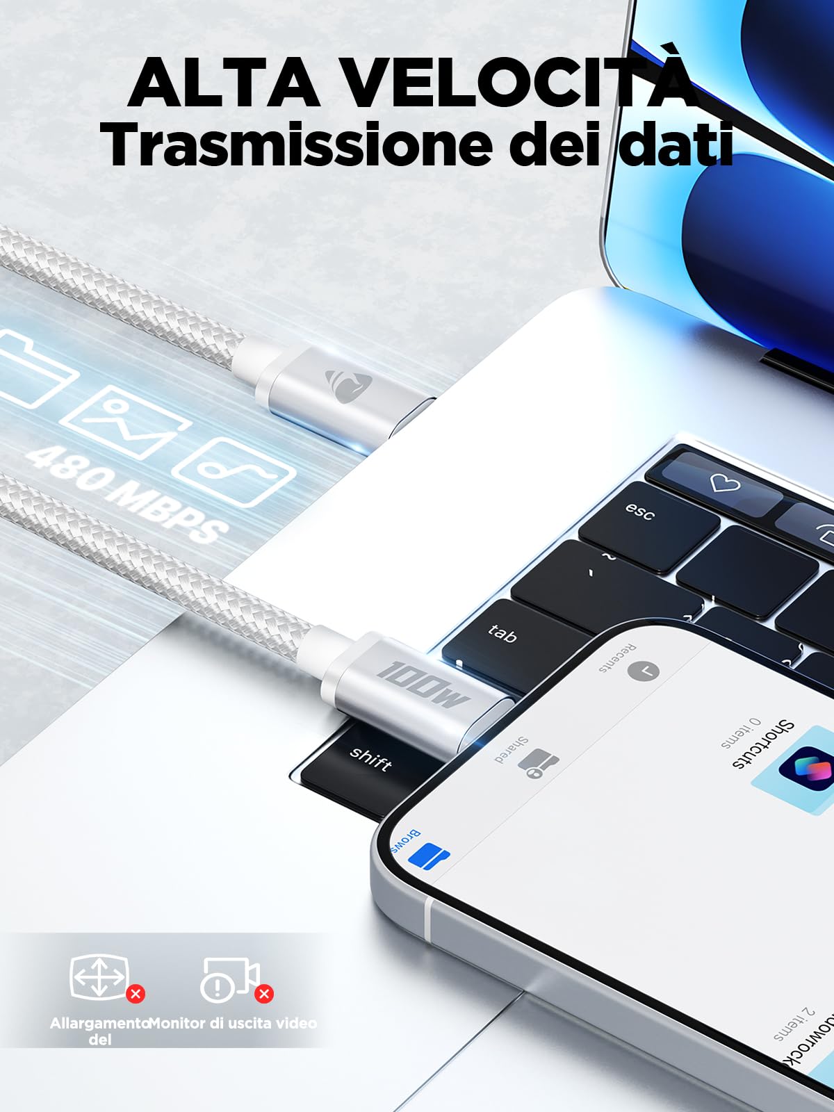 Cavo USB C USB C,100W 5A Cavetto Caricatore Ricarica Rapida Usbc 2M Filo Caricabatterie Carica Nylon Cavo Type C to Type C per iPhone 15 16 Pro Max/Plus iPad Pro/Air MacBook Galaxy S23 S22 S24