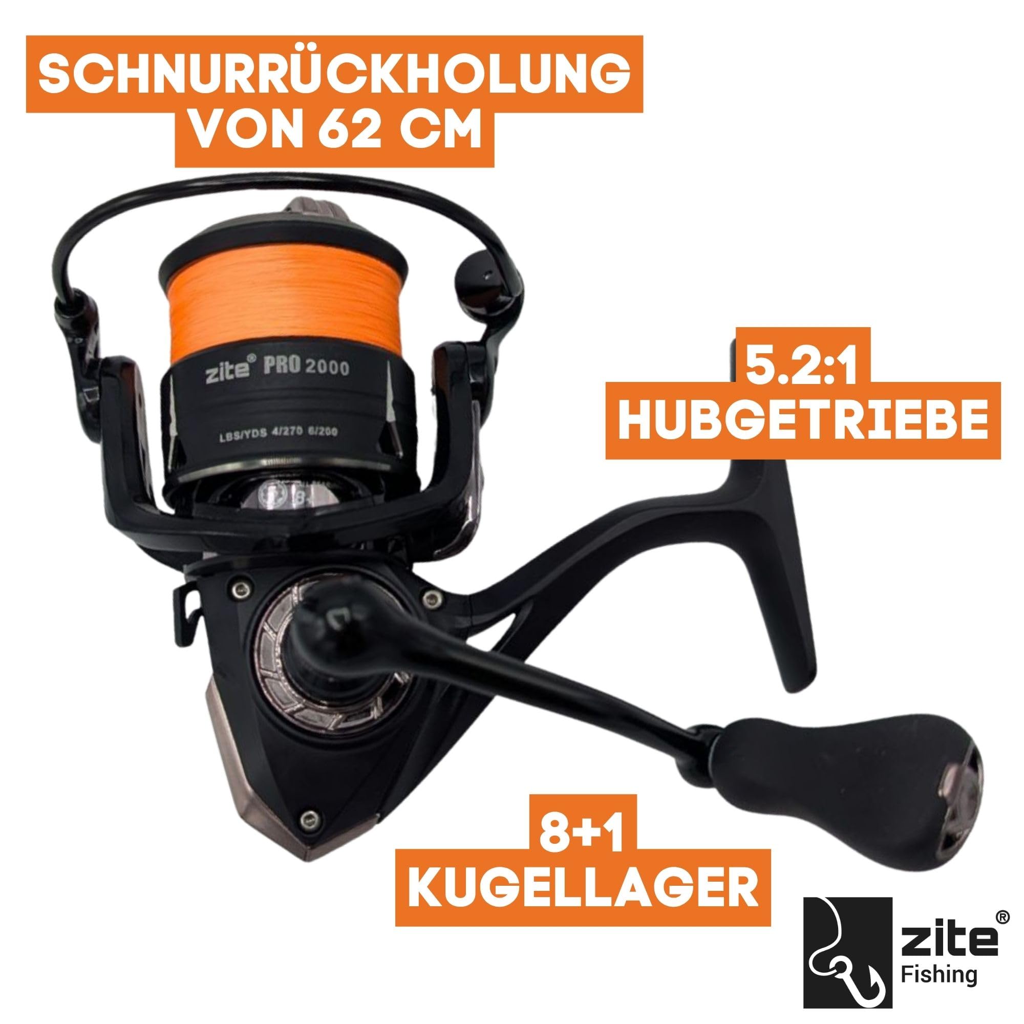 Zite Carrete de pesca Spinning Pro 2000-4000 | Carrete giratorio con freno delantero | 8+1 rodamientos de bolas | Manivela plegable de aluminio y mango EVA | Para trucha, perca, lucioperca y lucio