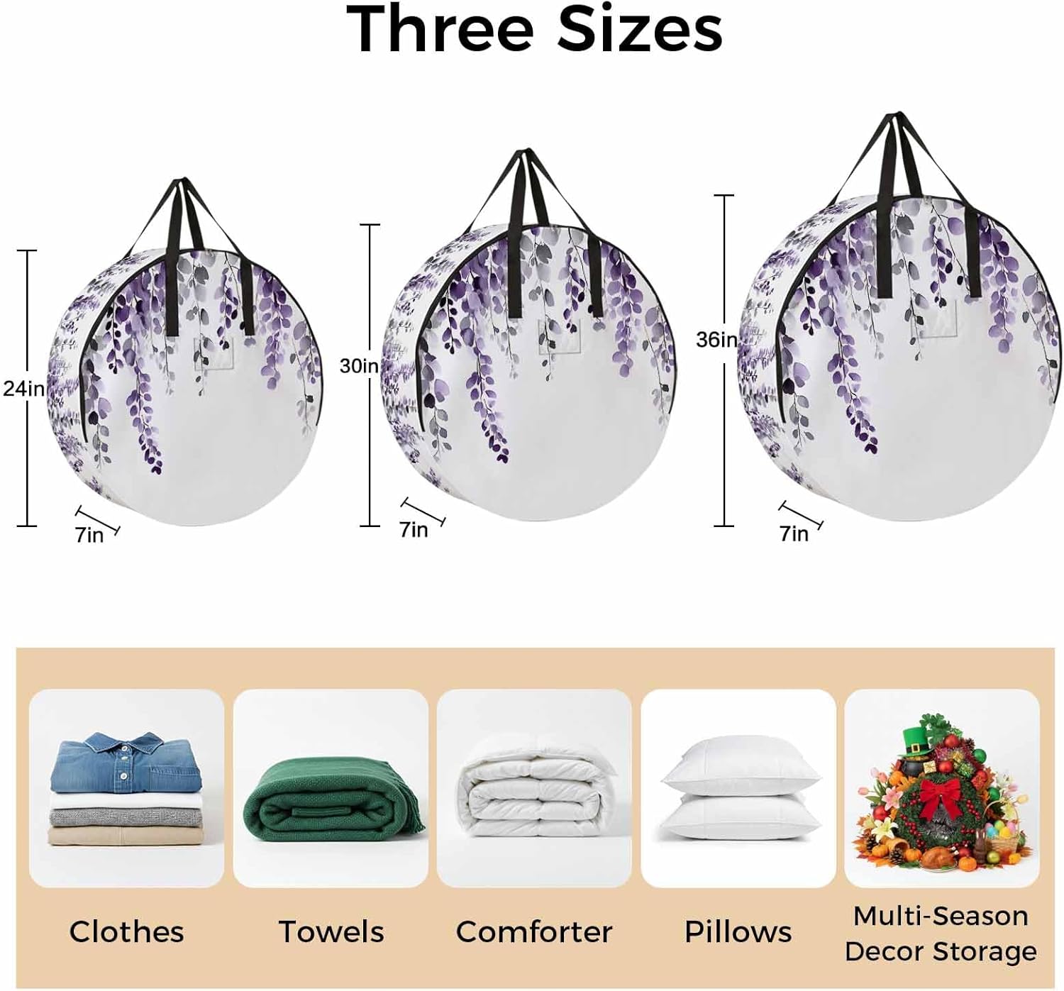 Dark Purple Round Storage Bag 36 Inch, Eucalyptus Leaves Watercolor Plants Country Clothes Storage Container with Handles Heavy Duty Organizer for Comforter, Bedding & Holiday Wreaths