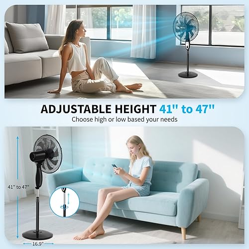Miniatura 6 de Aigostar Ventilador de pedestal de 9 aspas con control remoto, ventilador oscilante de 16 pulgadas para dormitorio, 3 velocidades y 3 ajustes de