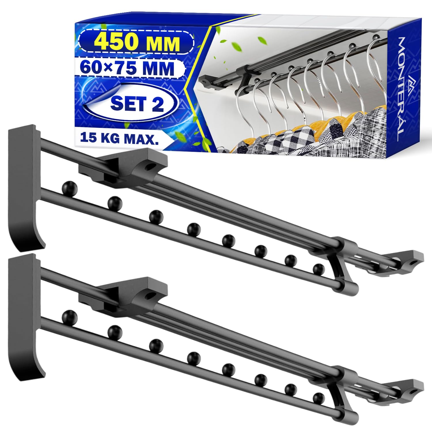 2x Perchero Extensible Armario 450 mm Carga Máxima 15 kg | Percheros Extraibles Armario Ropero Fabricado en Acero - Garantía de 10 Años - MONTERAL