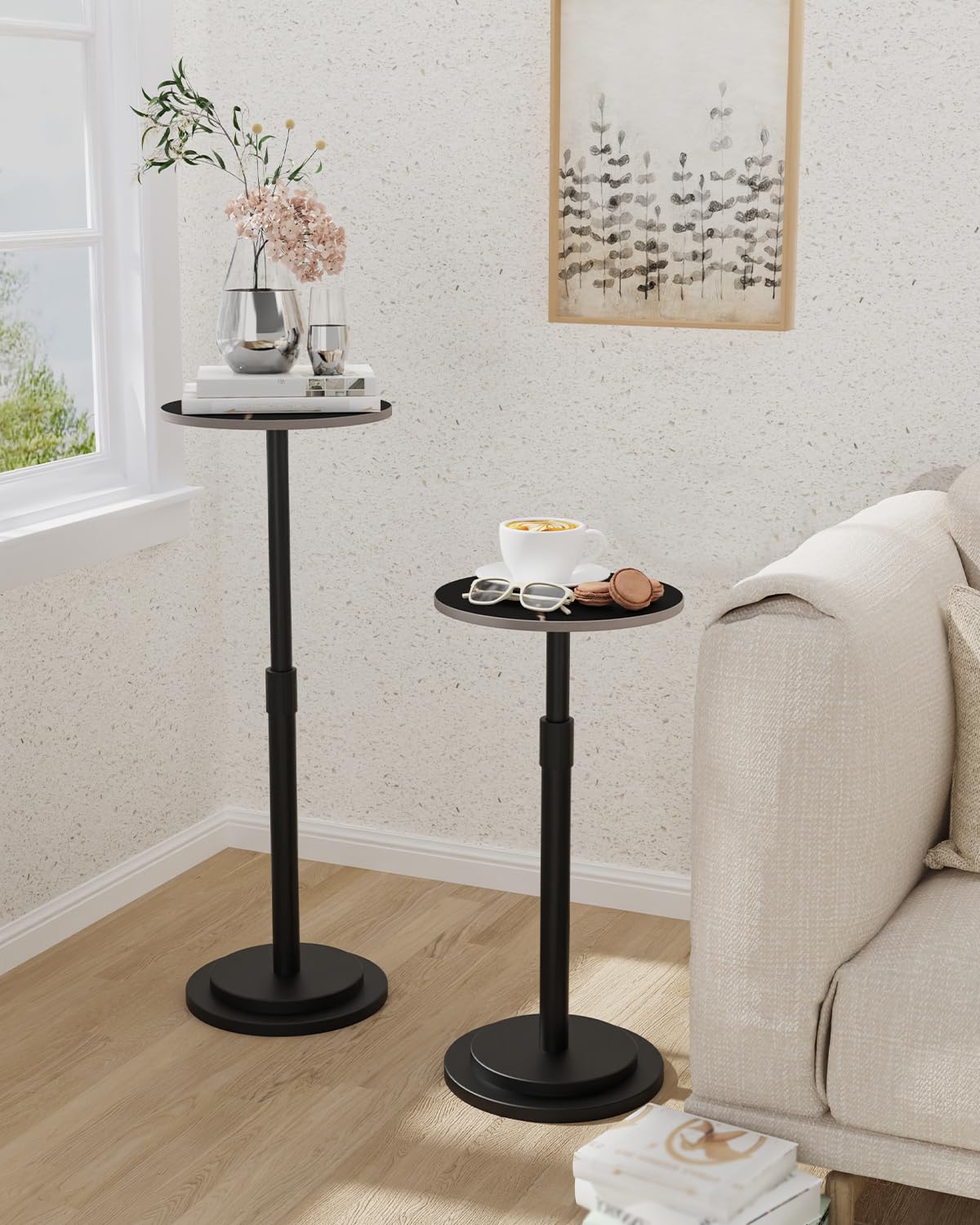 Tavolino Rotondo, Comodino Piccolo Regolabile, Set di 1, Nero | Tavolo da Salotto Pratico, Tavolino Porta Bevande Adatto per Soggiorno e Camera da Letto, Design dal Stile Moderno