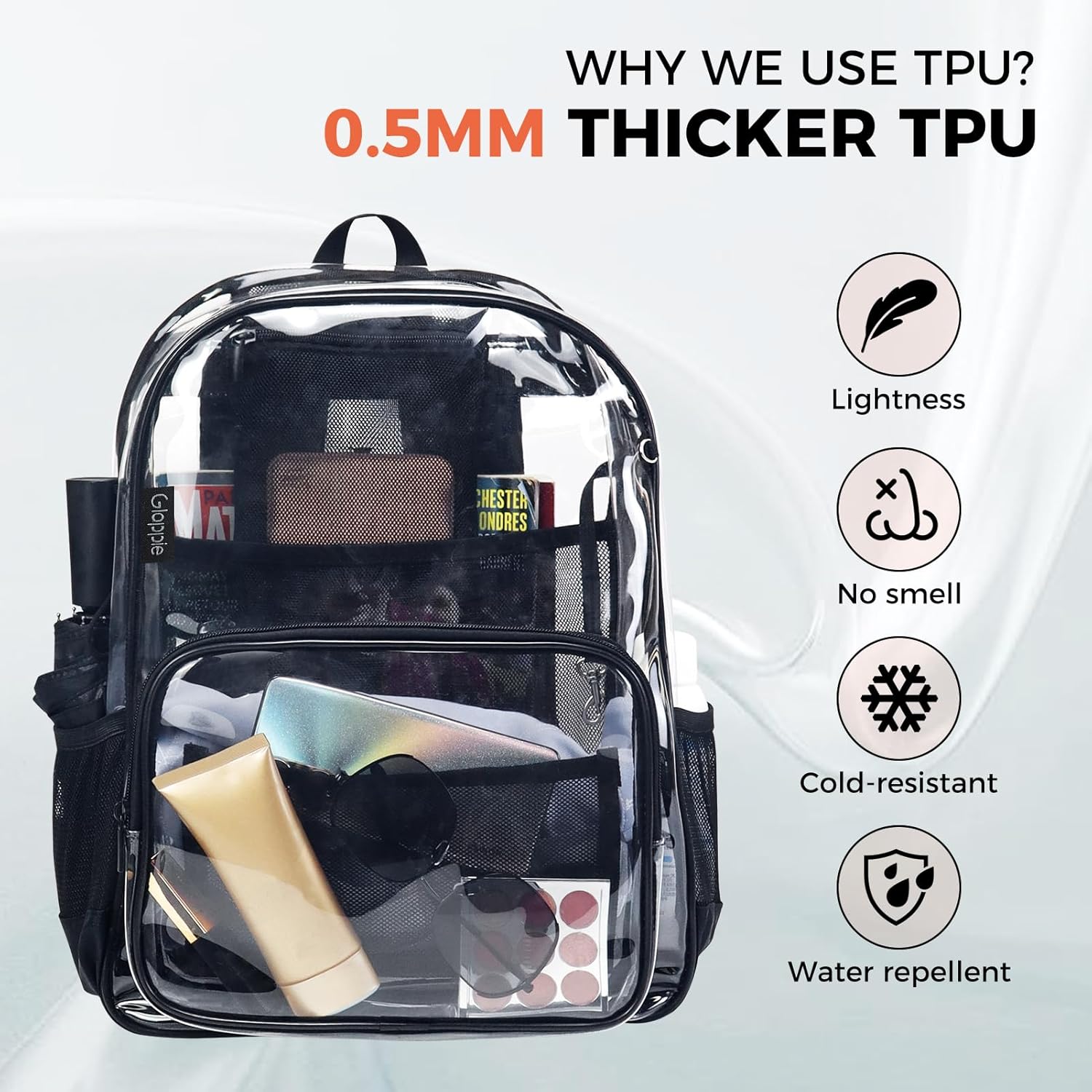 Gloppie Clear Backpack - Heavy-Duty TPU Security Bookbag for Work, Travel & Stadium Events | Fits 15.6” Laptop