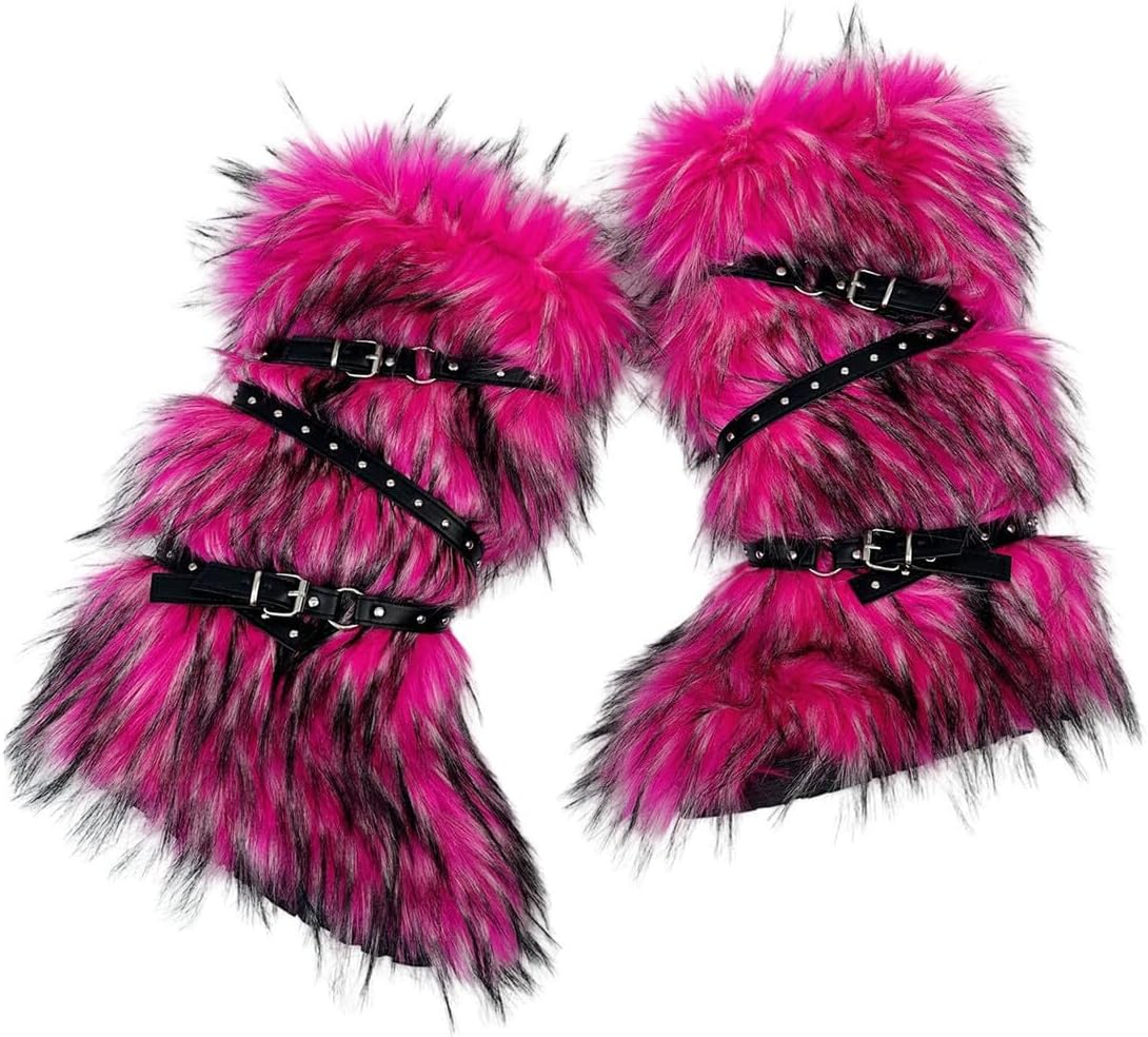 Women's Faux Fur Boots Furry Snow Boots Fuzzy Winter Shoes Fashion Fluffy Knee High Outdoor Indoor Flat Boots