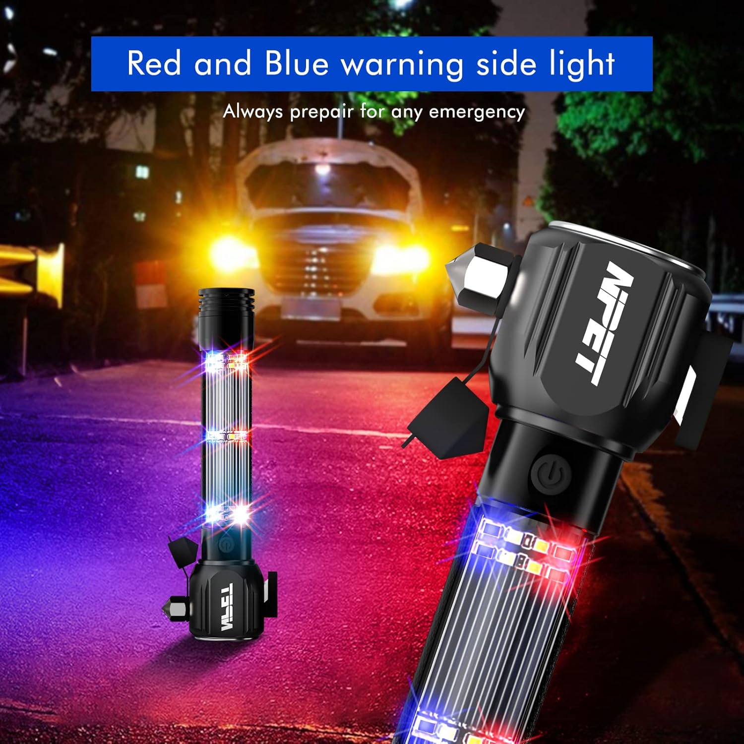 NPET T10-5 Solar Flashlight Car Flashlight Zoomable 1000 Lumens LED COB Light USB Rechargeable Tactical Multi-Function Torch Emergency Tool with Window Breaker Seat Belt Cutter Compass Siren