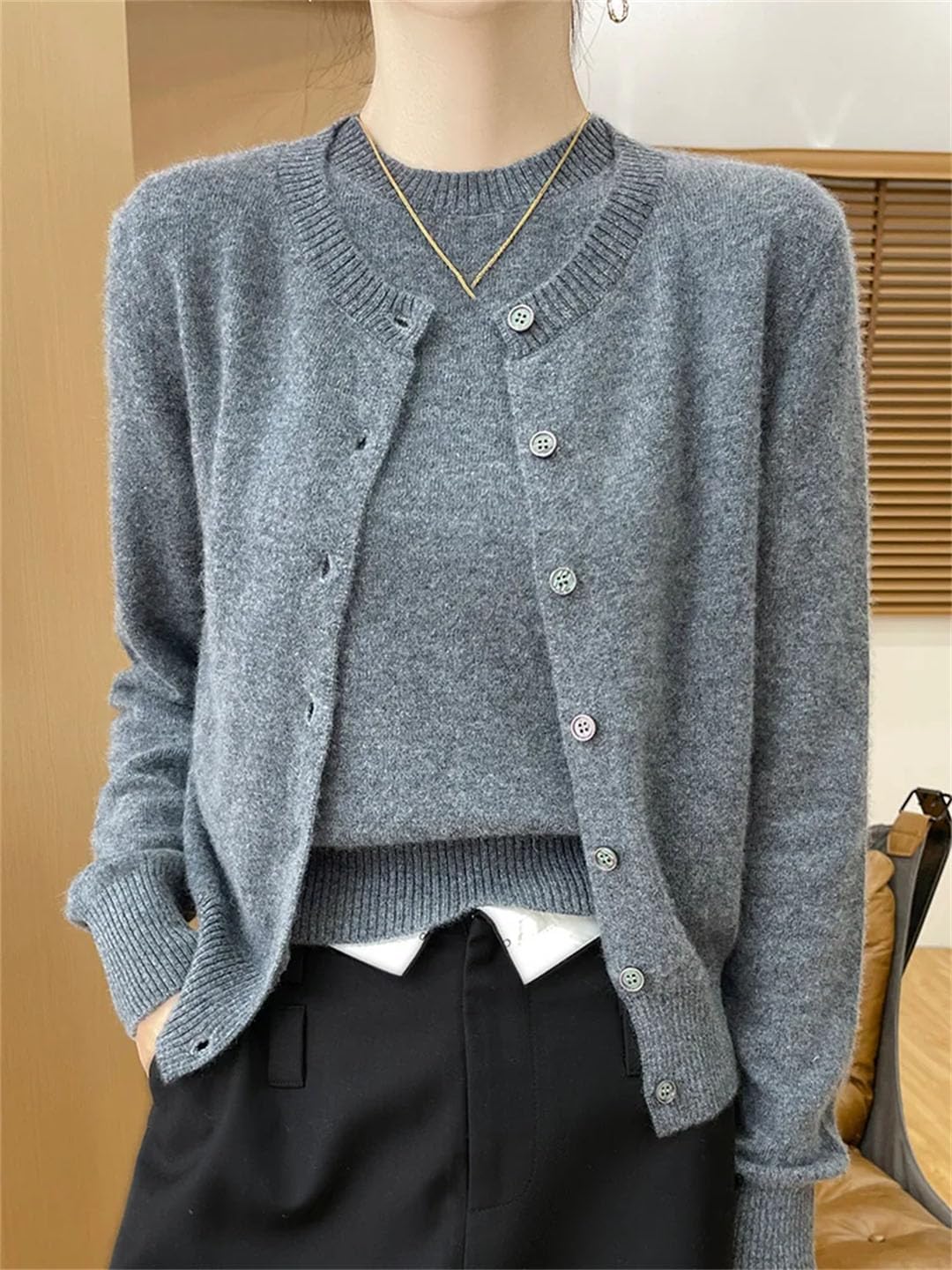 Women Chic Wool Twinset O-Neck Cardigan Pullover Cashmere Winter 100 Percent Merino Wool Sweater