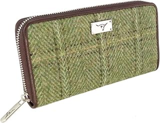 Glen Appin of Scotland Harris Tweed Wallet Large Zip Purse for Women Made in Scotland (Green Herringbone with Overcheck)