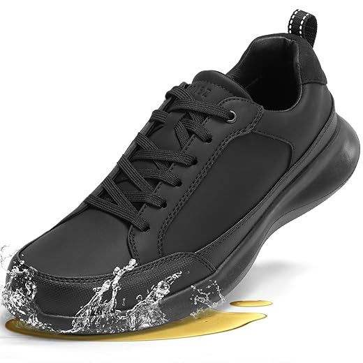 SPIEZ Mens Non Slip Shoes, SRC Slip-Resistant Certified Food Service Shoes, Lightweight Breathable Slip On Work Sneakers Black US7.5-12