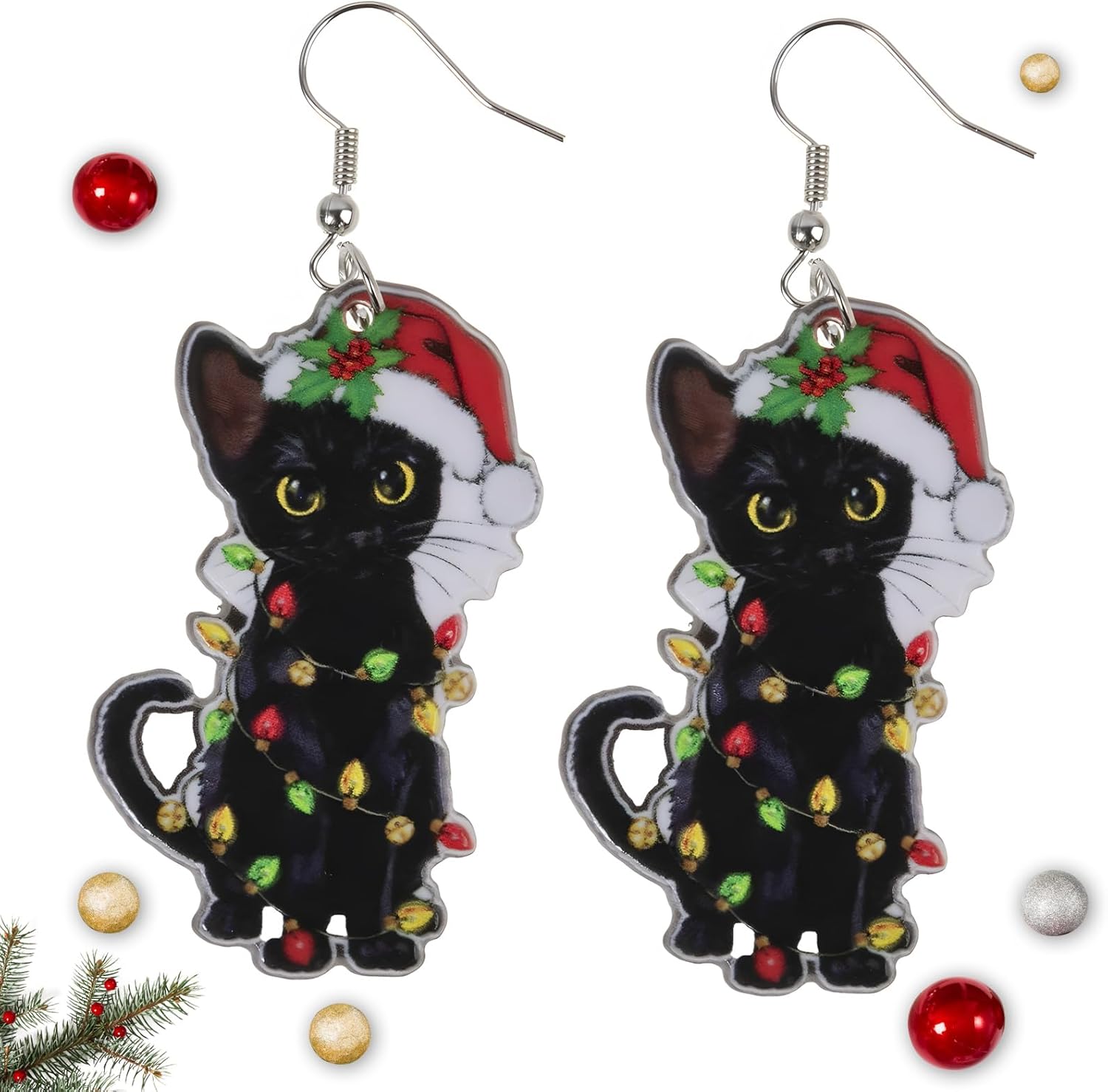 Funny Christmas Black Cat Earrings for Women – Xmas Charms Lightweight Acrylic Dangle Earrings Christmas Outfit Accessories