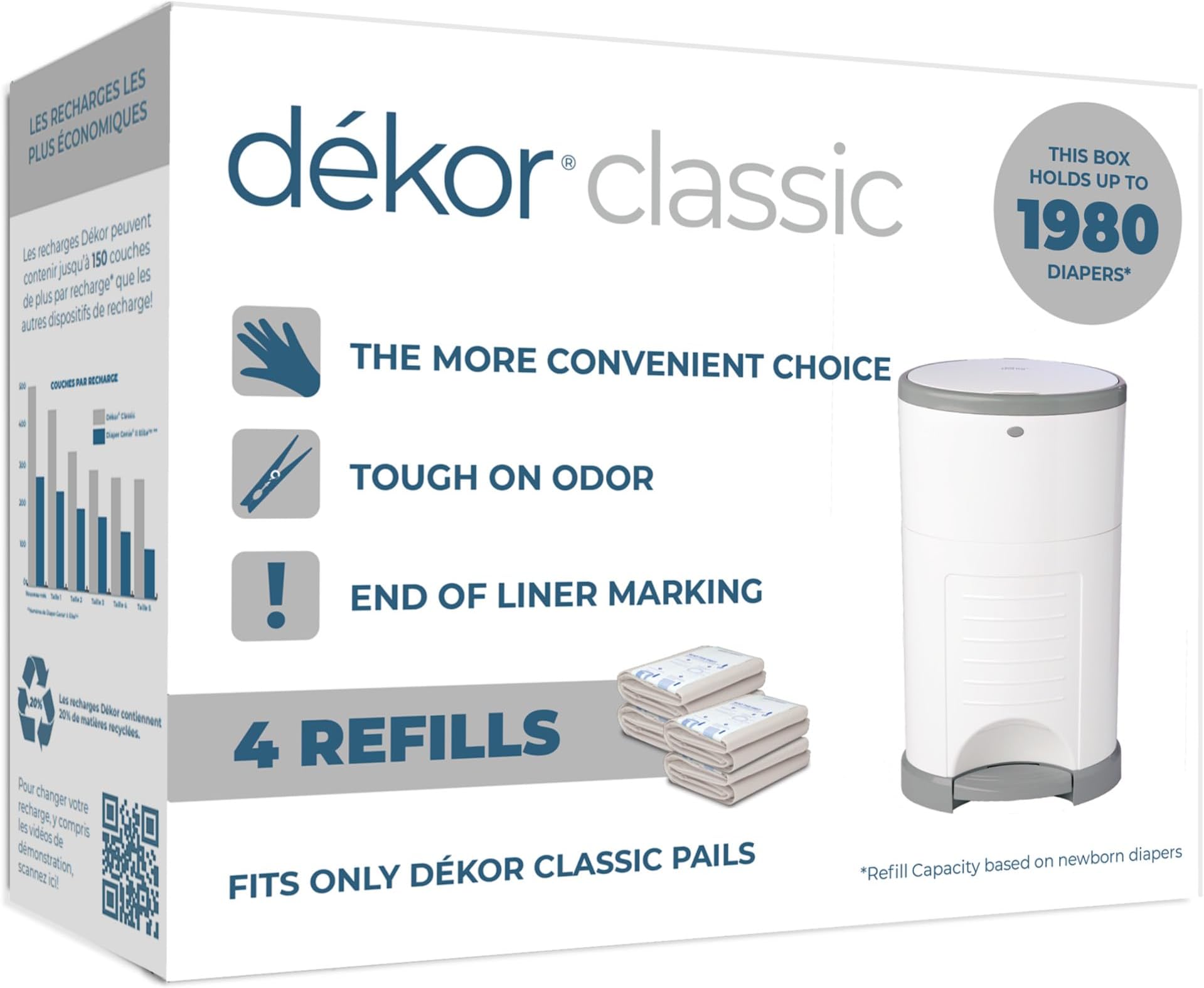 Diaper Dekor Classic Diaper Pail Refills | 4 Count | Most Economical Refill System | Quick & Easy to Replace | No Preset Bag Size Use Only What You Need | Exclusive End-of-Liner Marking