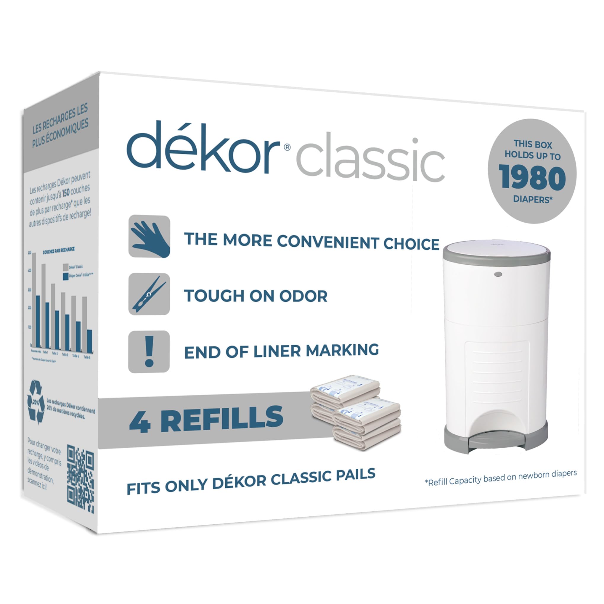 Dekor Classic Diaper Pail Refills | 4 Count | Most Economical Refill System | Quick & Easy to Replace | No Preset Bag Size – Use Only What You Need | Exclusive End-of-Liner Marking | Baby Powder Scent