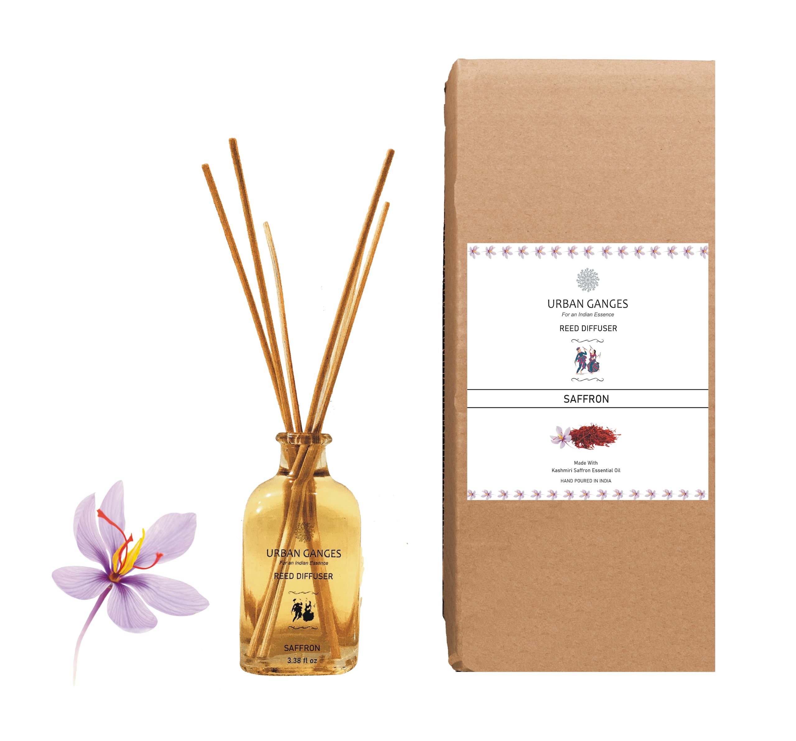 Urban Ganges Reed Diffuser | Saffron | Luxurious Reed Diffuser | Handpoured in India | Made with Kashmiri Saffron Essential Oil | 3.38 fl oz | Includes Fibre Reed Sticks