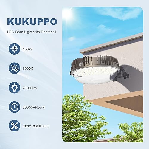 Miniatura 10 de KUKUPPO Luz LED de granero con certificación ETL, 100 W, luz de atardecer a amanecer, 5000 K, luz diurna, 12000 lúmenes, IP65, luces de patio
