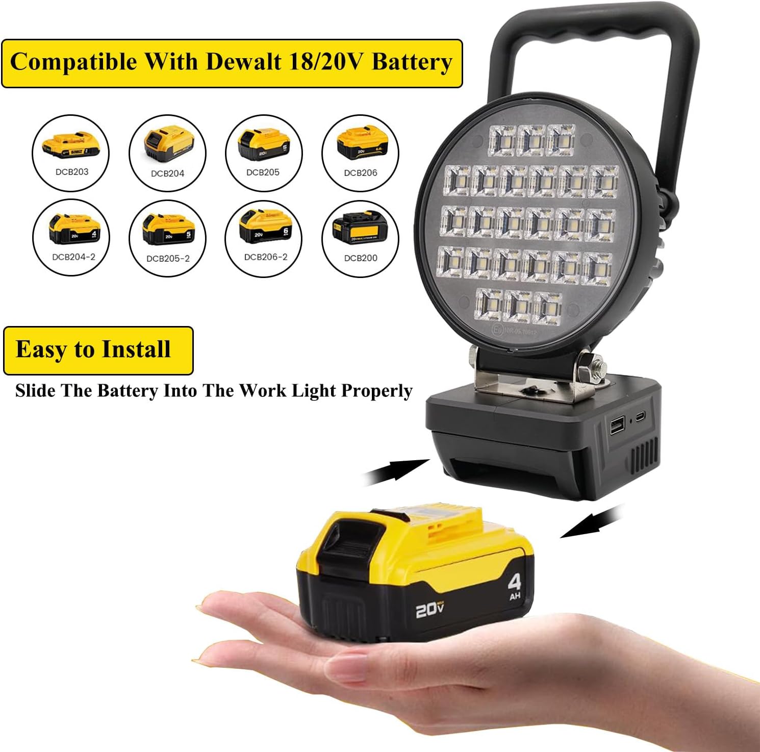 Cordless LED Work Light for Dewalt 18v/20v Battery, 36W 3240LM Flood Lamp with USB & Type-C Charging Port and Low Voltage Protection