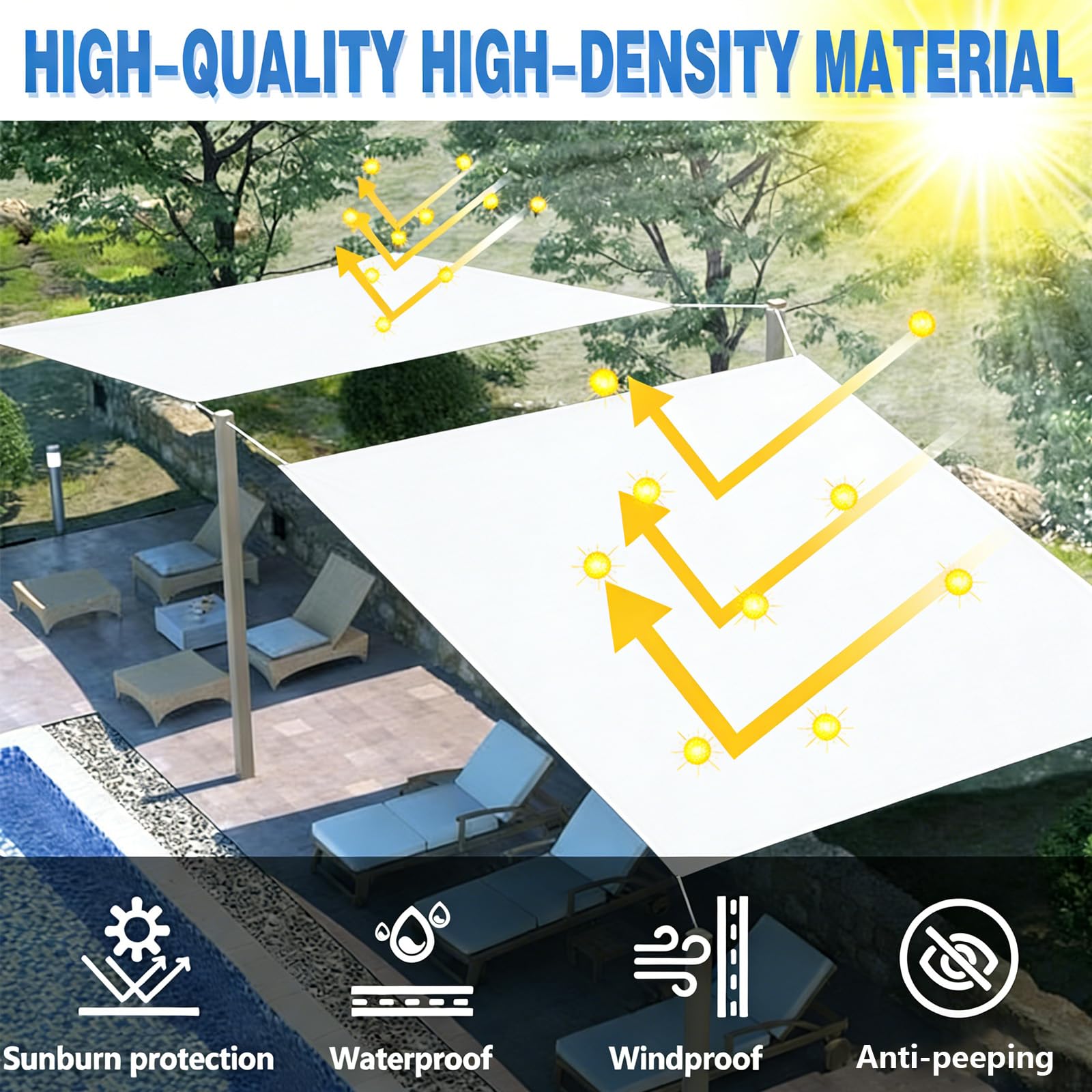 Sonnensegel mit ösen 3x7m Weiß Wasserdicht Rechteckig Sonnensegel Markisenstoff UV Schutz 95%, Segeltuch Sonnenschutz Balkon Terrasse Mit Seil für Innenhof Rasen Garten Park