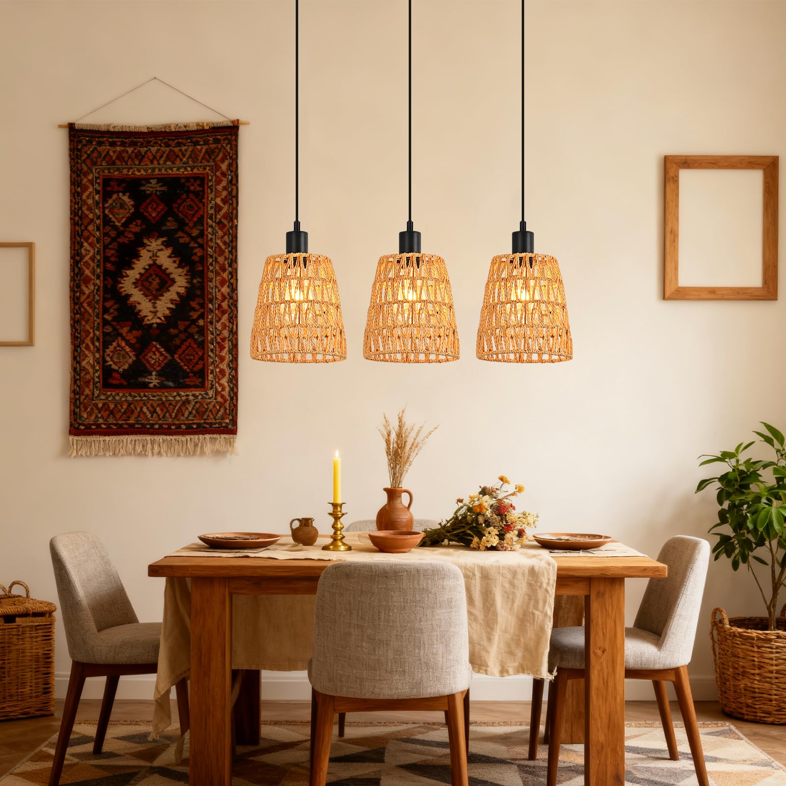 Hängelampe Boho Pendelleuchte Rattan - 3 Flammig Esstischlampe | Vintage Geflochten Hängeleuchte Esstisch Papierseil Lampenschirm mit E27 Retro für Esszimmer Schlafzimmer/Ohne Leuchtmittel